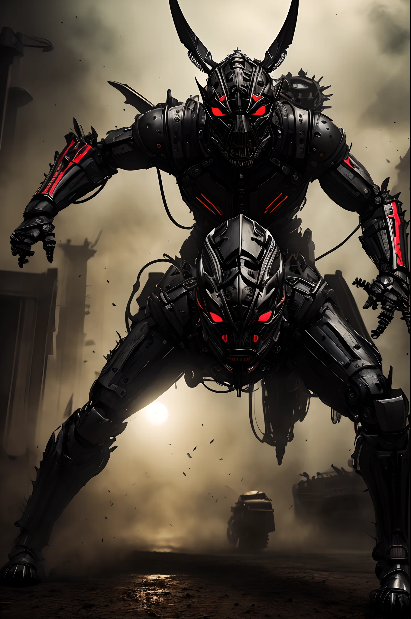 (photo realistic:1.4), (hyper realistic:1.4), (realistic:1.3), (smoother lighting:1.05), (increase cinematic lighting quality:0.9),Black Grasshopper Maskde Rider Black,Eyes glowing mechanically,mechanised modified human,dynamic pose,Red discharge,cinematic