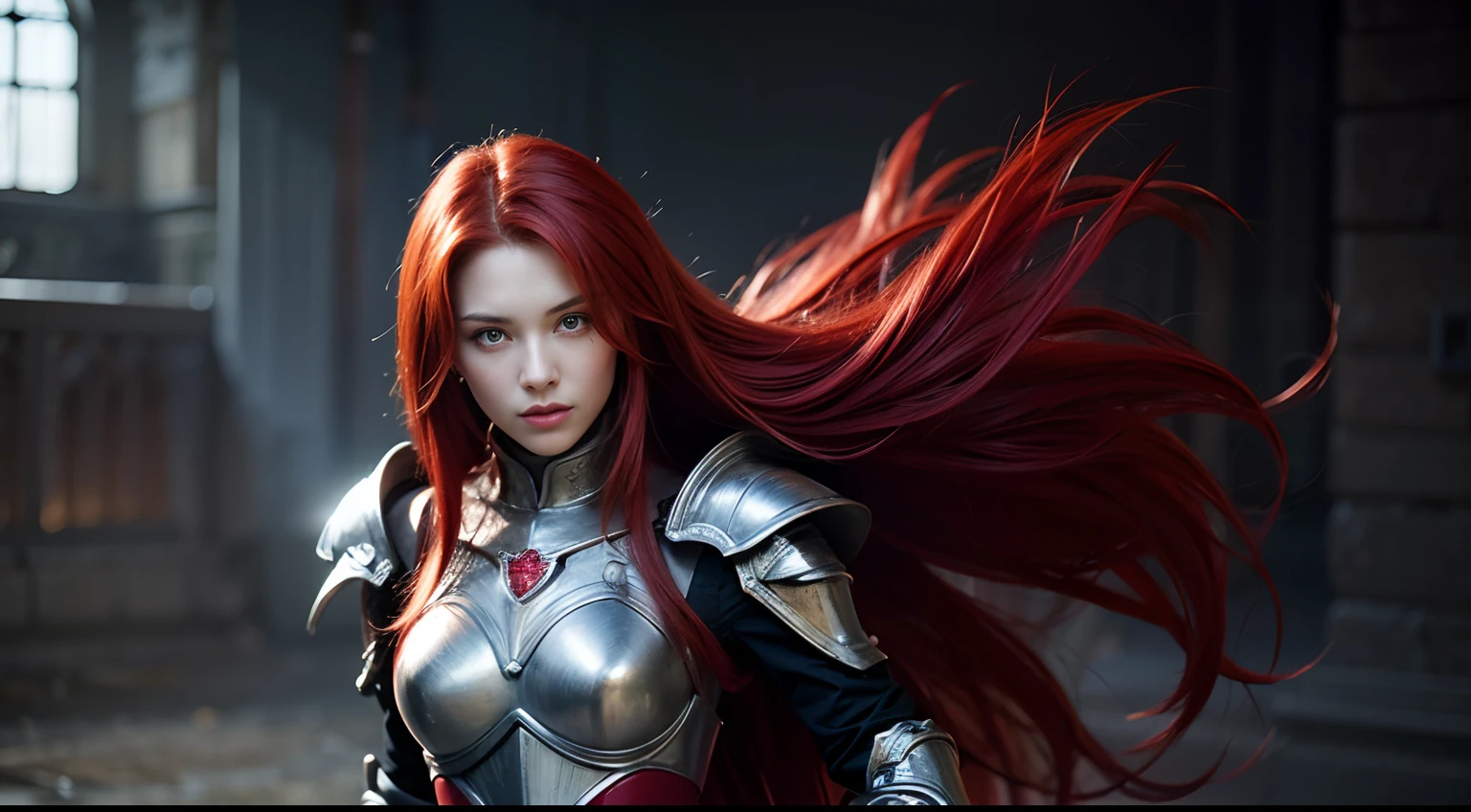 ((scarlet hair)), ((bright red hair)), long hair, wears silver armor, beautiful, girl, 19 year old, beauty, half body portrait, 1, slender,