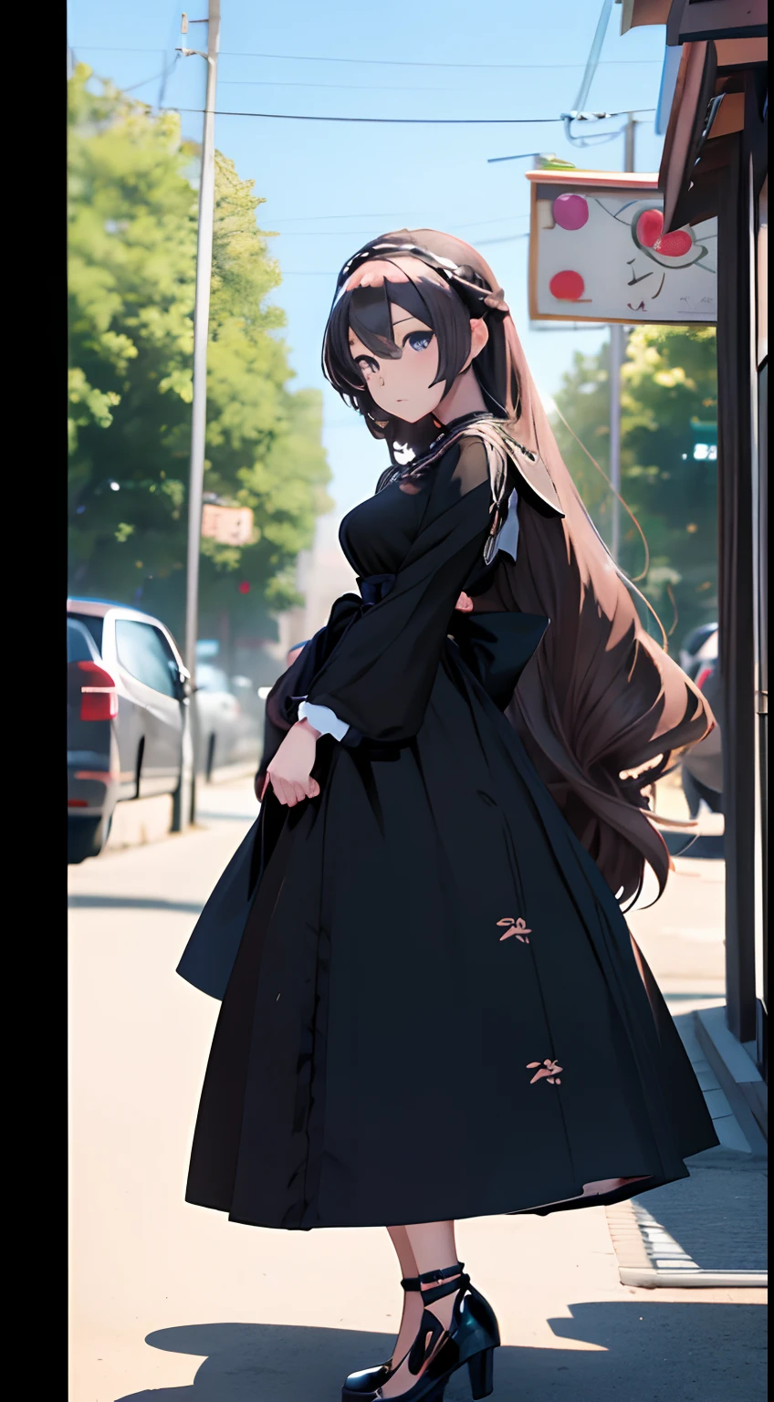 ta，Anime girl posing for photo with long hair and black dress, saori, anime visual of a cute girl, anime moe art style, loli in dress, Anime girl wearing black dress, pretty anime girl, (Anime girl), Cute anime girl, cute anime waifu in a nice dress, attractive anime girls, Beautiful anime girl, Also, Smooth anime CG art