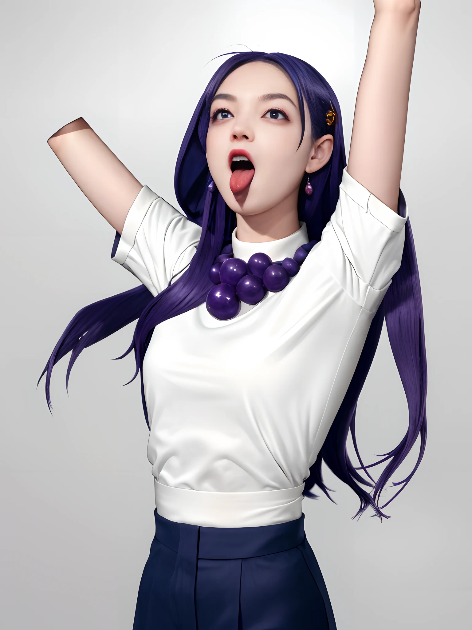 tmasterpiece， Best quality at best， 1girll， 独奏， teardrop， Be red in the face， dreads， scream， and the tongue sticks out， laughingly， with her mouth open， roll eyes， head looking up， full bodyesbian， Armpits， Arms up， （Torso grab， Tickle， mitts， Intangible limbs：1.2）， TKL