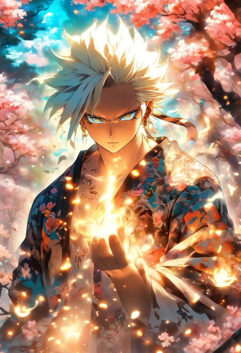 The most beautiful and enchanted Satoru Gojo, white hair, glowing blue eyes, tons of tattoos and piercings, in the most beautiful enchanted forest, graffiti and kanji elements in the background, cherry blossoms blowing in the wind, highly detailed, perfect masterpiece, high quality, high resolution