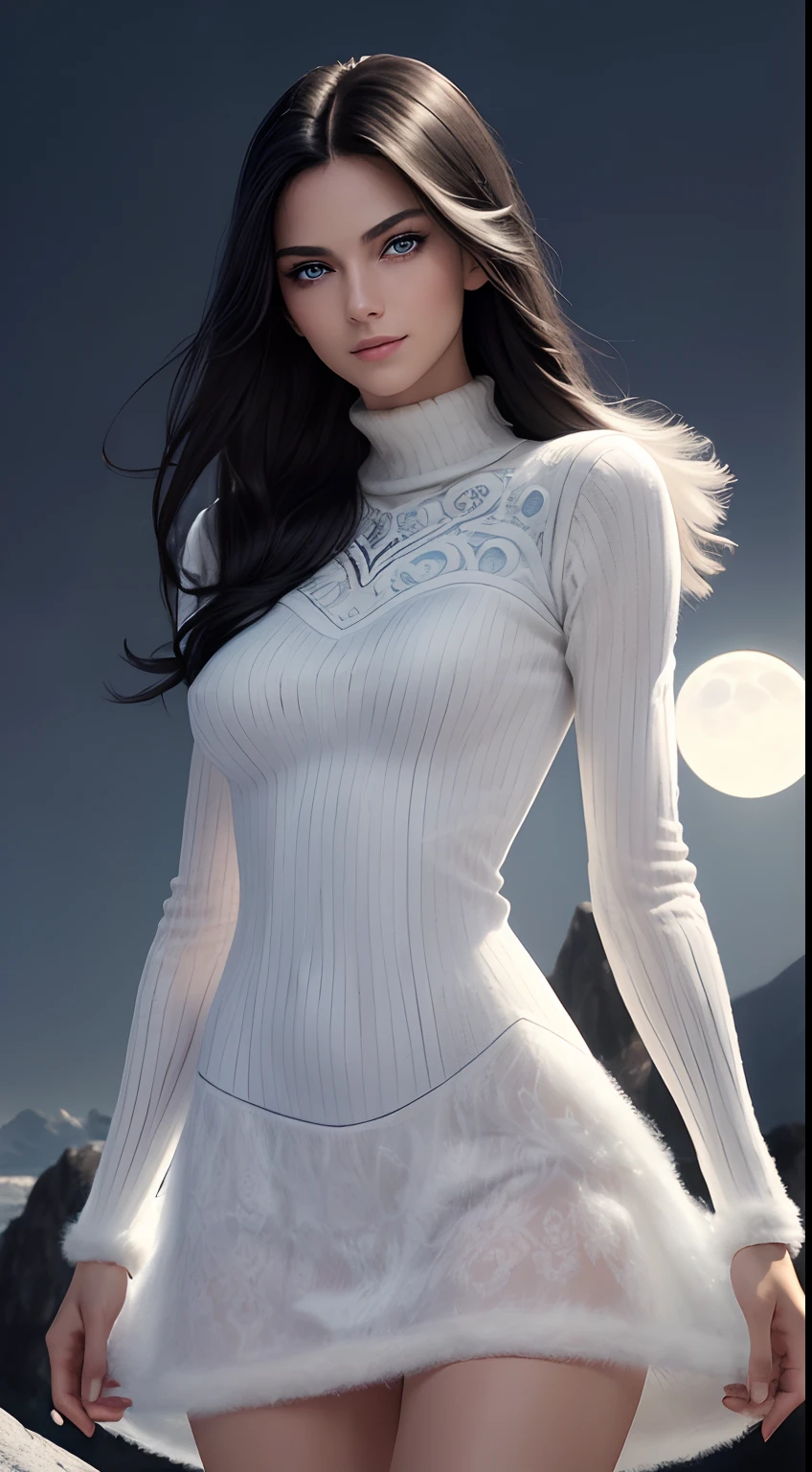 8K, Top Quality , (photorealistic : 1.4), Intricate Details, Ultra Detail, Ultra High Resolution, Masterpiece, shot from behind, Slender, Smile, (Makeup: 0.4), (Fluffy Blue Eyes: 1.21), blue Eyes, facing away, ((full body)), 1girl, solo, 1 girl, looking away (( full body)), close-up shot, ((tall)), (((fit body))), (((slim face))), sharp face, sharp eyes, (((black hair, long hair, )) (detailed face), sharp face, small lips, detailed face, detailed breast, , small breast , Beautiful girl with accentuated slender abs, Perfect Body, detail leg, ((moonlight)), top of mountain, white see-through dress, fluffy sweater