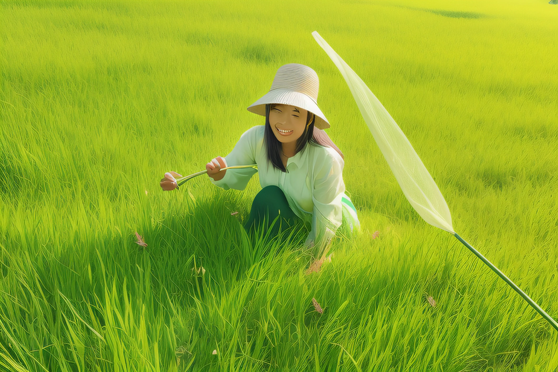 A woman arafed in a green meadow holding a stalk of grass., malaysia with a paddy field, vietnamese woman, Laotian Farmer, rice paddies, The villagers are busy farming., farmer, green, Potrait, Vietnamese, agriculture, beautiful image, 3 4 5 3 1, In the open green field., Beautiful sunny day., Looks happy., beautiful image
