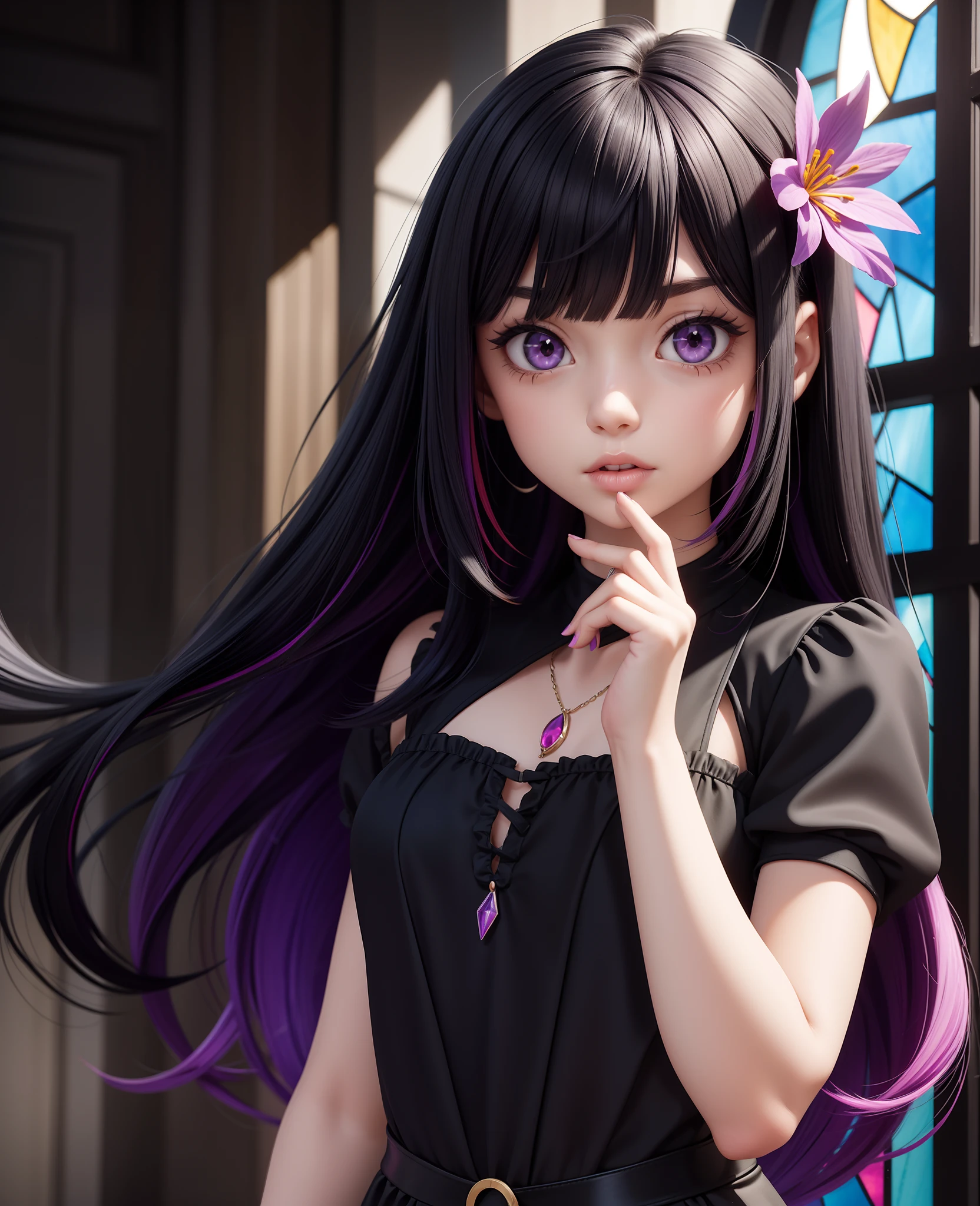 1girl, solo, black hair, long hair, looking at viewer, purple eyes, hair ornament, multicolored hair, colored inner hair, stained glass, bangs, upper body, gem, skeleton, black dress, two-tone hair, dress, indoors, red hair, lips, hand up, parted lips, spine, closed mouth, hair flower