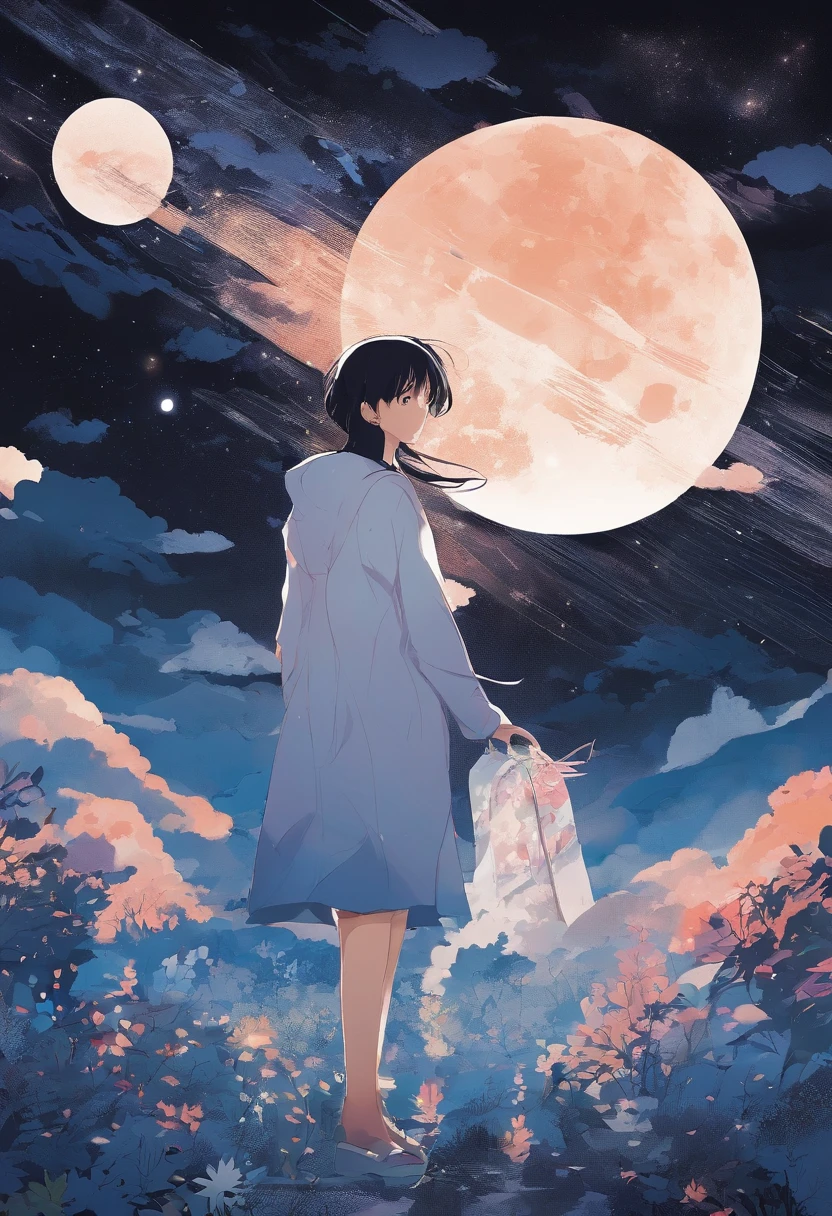 starrysky,The characters are small,Little fresh girl,The figure is shrouded in shadows,Pitch black night sky,Characters with their backs,looking at the stars,landscape