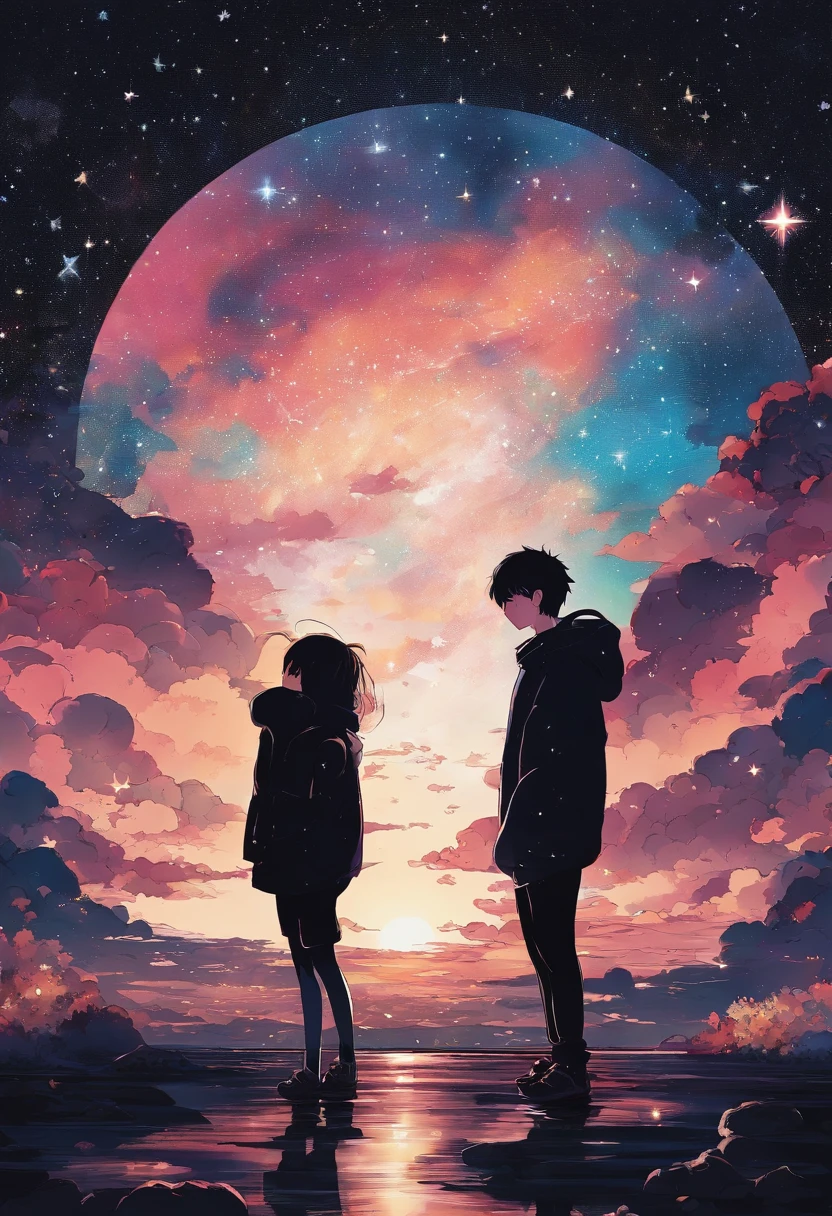 starrysky,The characters are small,Little fresh girl,The figure is shrouded in shadows,Pitch black night sky,Characters with their backs,looking at the stars,landscape
