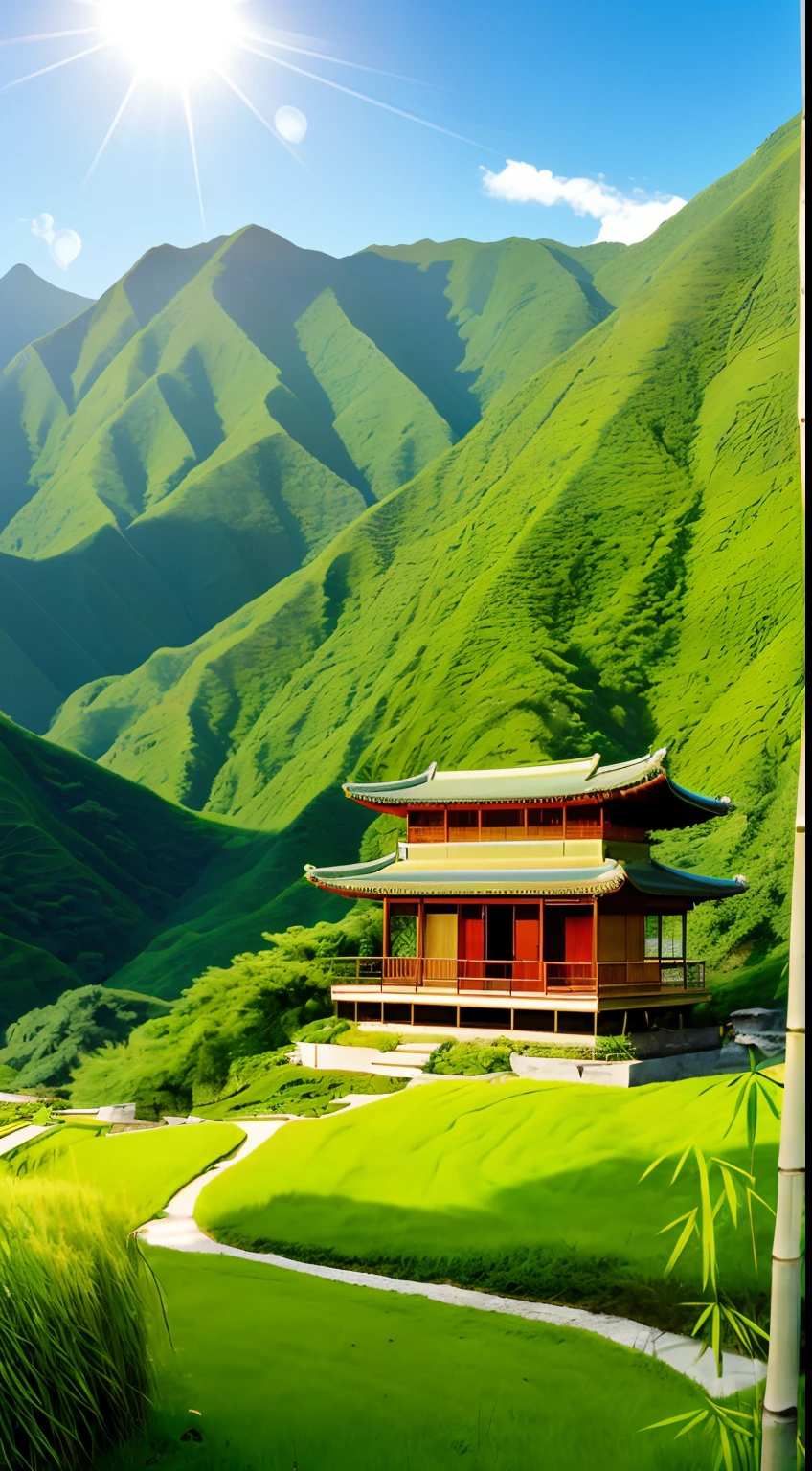 On a sunny day, the morning sun shines on the light green mountain top, the tender green bamboo forest, the small wooden house with Chinese characteristics, the light green willow, the light green grass, the high-definition view, the ultra-wide angle, the real ultra-clear details, shock, aestheticism, fantasy, surrealism. Romantic, 8k, hd ultra detail --ar 9:16 --v 4