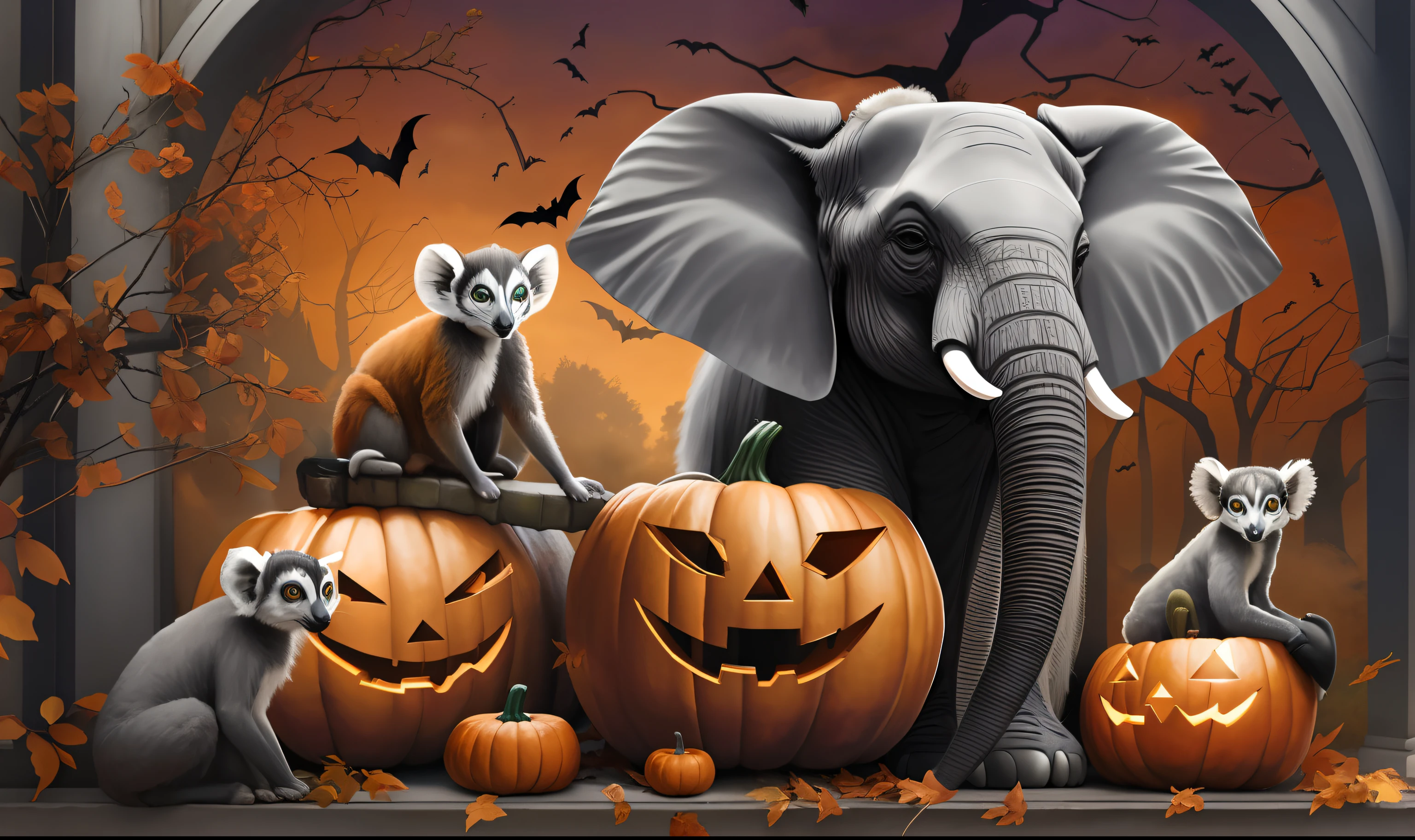 viele Tiere,lemurs, elephant, Halloween, Halloween-Thema, Halloween-Szene, Halloween-Kunststil, Halloween-Feier, Halloween atmosphere, Trick or Treat, Gruselige Kreaturen im Hintergrund, amazing, Vorgestellte Kunst, portrait shot, Gruseliges Halloween-Thema, drohend!, Hintergrundgrafik, ultra realistisch, viele details, fotorealistisch