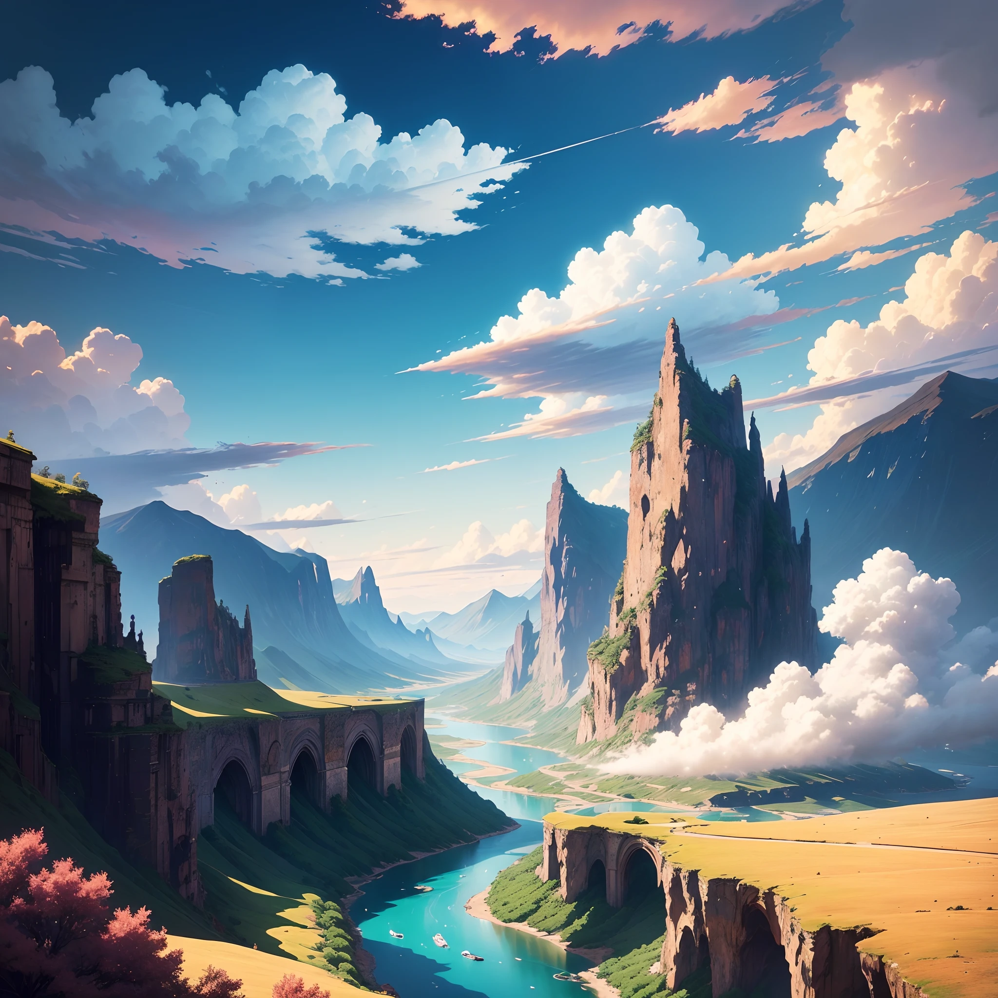((Anime landscape wallpaper: 1.2, width 672, beautiful art UHD 4K: 0.8), (anime country landscape, anime nature, anime), anime cloud, landscape artwork, epic landscape), (anime style art style, detailed landscape, beautiful fluffy clouds: 1.2, landscape background), well-lit, bright picture (field, a painting of mountains and rivers, anime theme), )