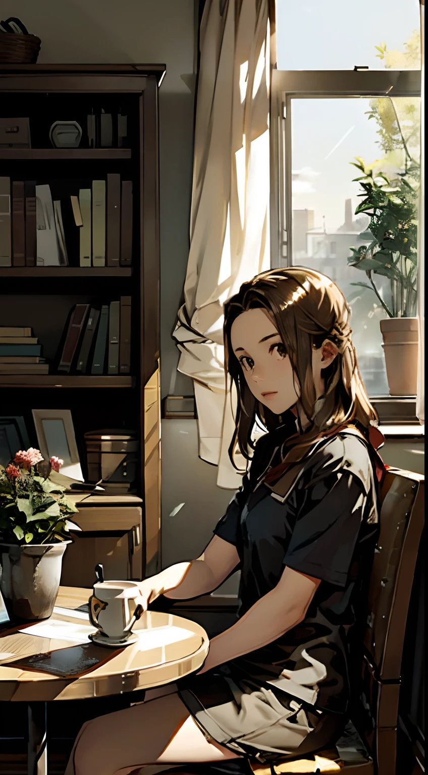 ta，Living room, sofe, window, Curtains, Dappled sunlight, potted plant, Table, locker,bookshelf, Paper, table light, typewriter, Girl sitting on sofa