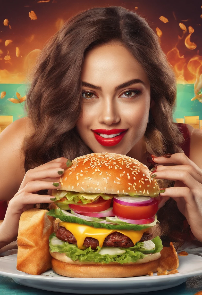 A girl eating a burger, vibrant colors, mouth-watering and delicious, detailed texture on the bun and toppings, high-resolution photography, natural lighting, close-up shot, appetizing presentation, juicy patty, crispy lettuce, melted cheese, fresh tomatoes, sesame seeds on the bun, food styling, appetizing condiments, savory aroma, professional food photography, gourmet, satisfaction, indulgence, fast food, tasty satisfaction.