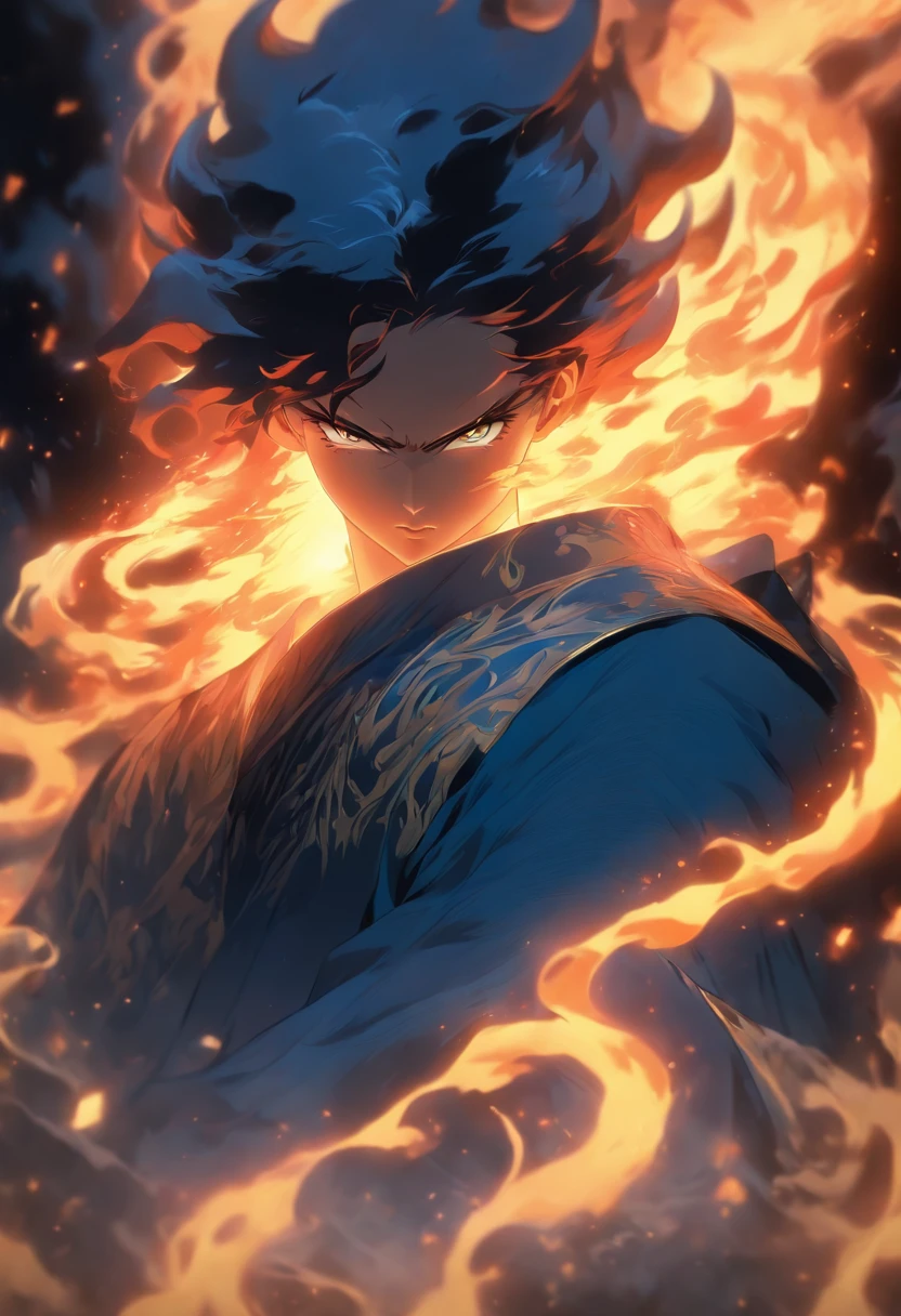 best quality,ultra-detailed,realistic:1.37,portrait,illustration,painting,anime,light and shadow,fine brushwork,blue color scheme,soft lighting,exquisite facial features,sharp eyes,partially hidden smile,long black hair,white collar shirt,stylish black coat,confident and mysterious expression,head with a halo of blue flames,background with a swirling vortex effect,subtle ink strokes,emotional atmosphere,contrast of light and dark,subtle touch of magic,ethereal and powerful presence