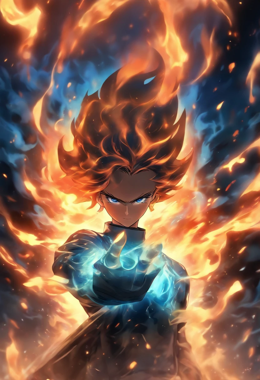 best quality,ultra-detailed,realistic:1.37,portrait,illustration,painting,anime,light and shadow,fine brushwork,blue color scheme,soft lighting,exquisite facial features,sharp eyes,partially hidden smile,long black hair,white collar shirt,stylish black coat,confident and mysterious expression,head with a halo of blue flames,background with a swirling vortex effect,subtle ink strokes,emotional atmosphere,contrast of light and dark,subtle touch of magic,ethereal and powerful presence