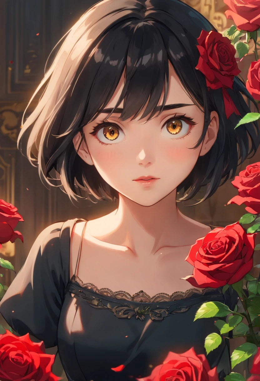 (best quality,4k,8k,highres,masterpiece:1.2),ultra-detailed,(realistic,photorealistic,photo-realistic:1.37),assassin girl,short black hair,detailed eyes,long eyelashes,beautiful detailed lips,black dress with roses,flowing skirt,golden embroidery,two golden knives,blood,stark contrast,subtle shadows,low-key lighting,vivid colors,highly detailed roses.