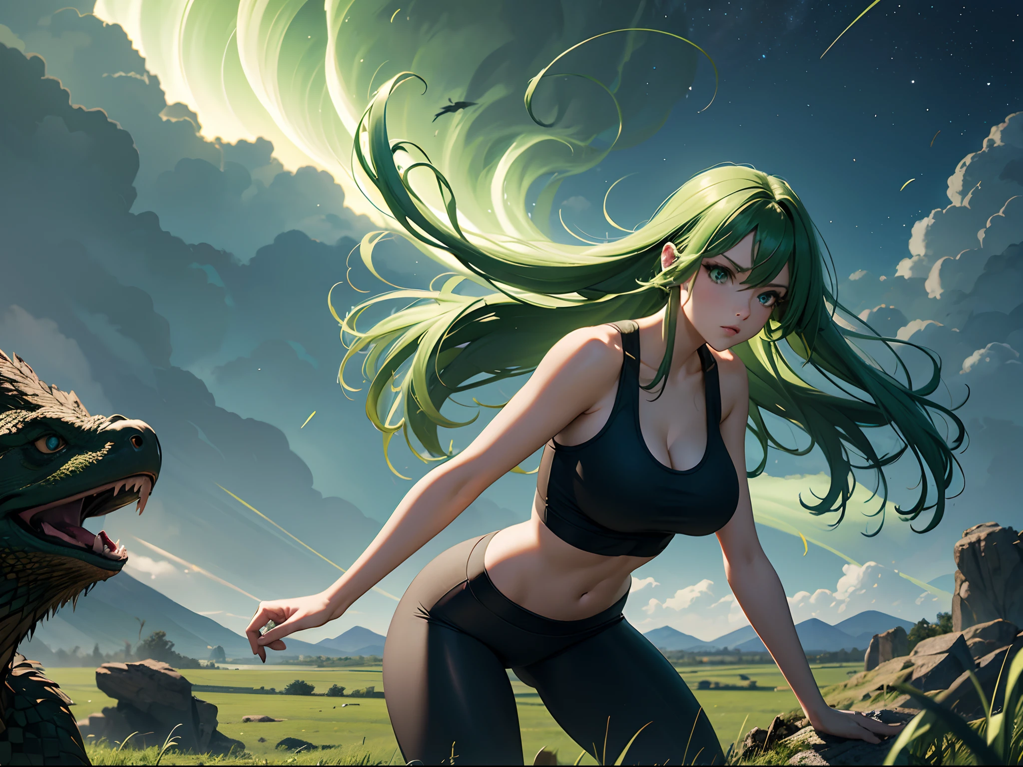 green-haired girl, voluptuous, medium-long length hair, large breasts, green eyes, yoga pants, cleavage showing, sleeveless low cut top, with a monitor lizard, outdoor, grassland, tall grass, river, big boulders, night time, night lighting, evening, tornado, tornado coming out of hands, strong wind, gust, tornado, mini tornado