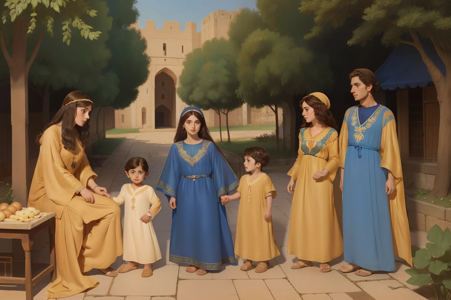 Year: 11th century. Location: Ispahan. Pre-raphaelite scene, 23-year-old, ((two jewish couples)), and two s, in the market, ((((11th century plain caftan)))) ((11th century jewish hairstyle)), (((cinematic style)))