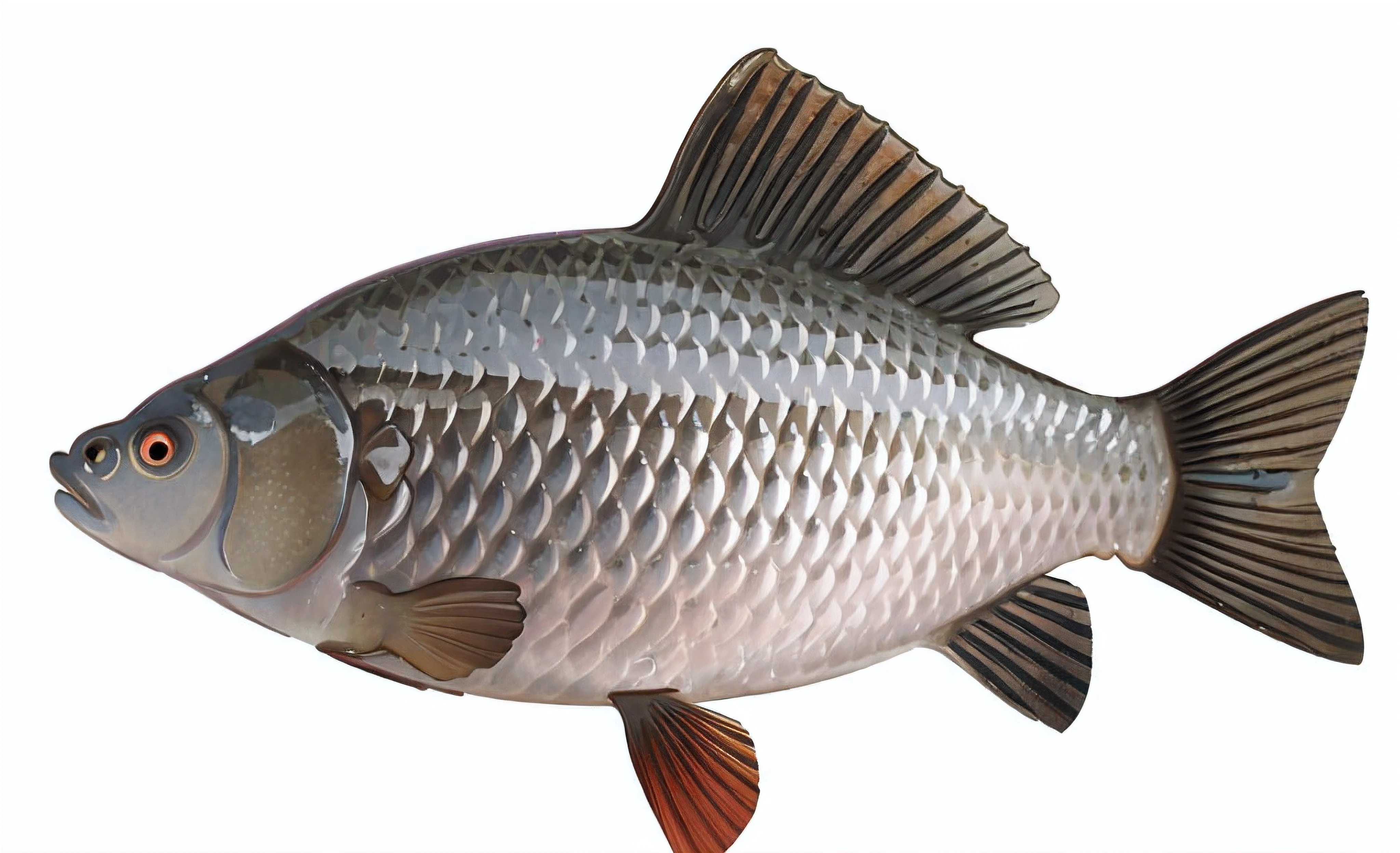 Close-up of a fish with a white body and brown tail, Silver gills are skilled, fish scales, fish skin, ferocious appearance, cel shad, author：Kapofro Tenkara, half fish, bass, purple mullet, Wallpapers, fish lens, chicken face morphed fish head, Reflective chitin, Fish, fish in the background