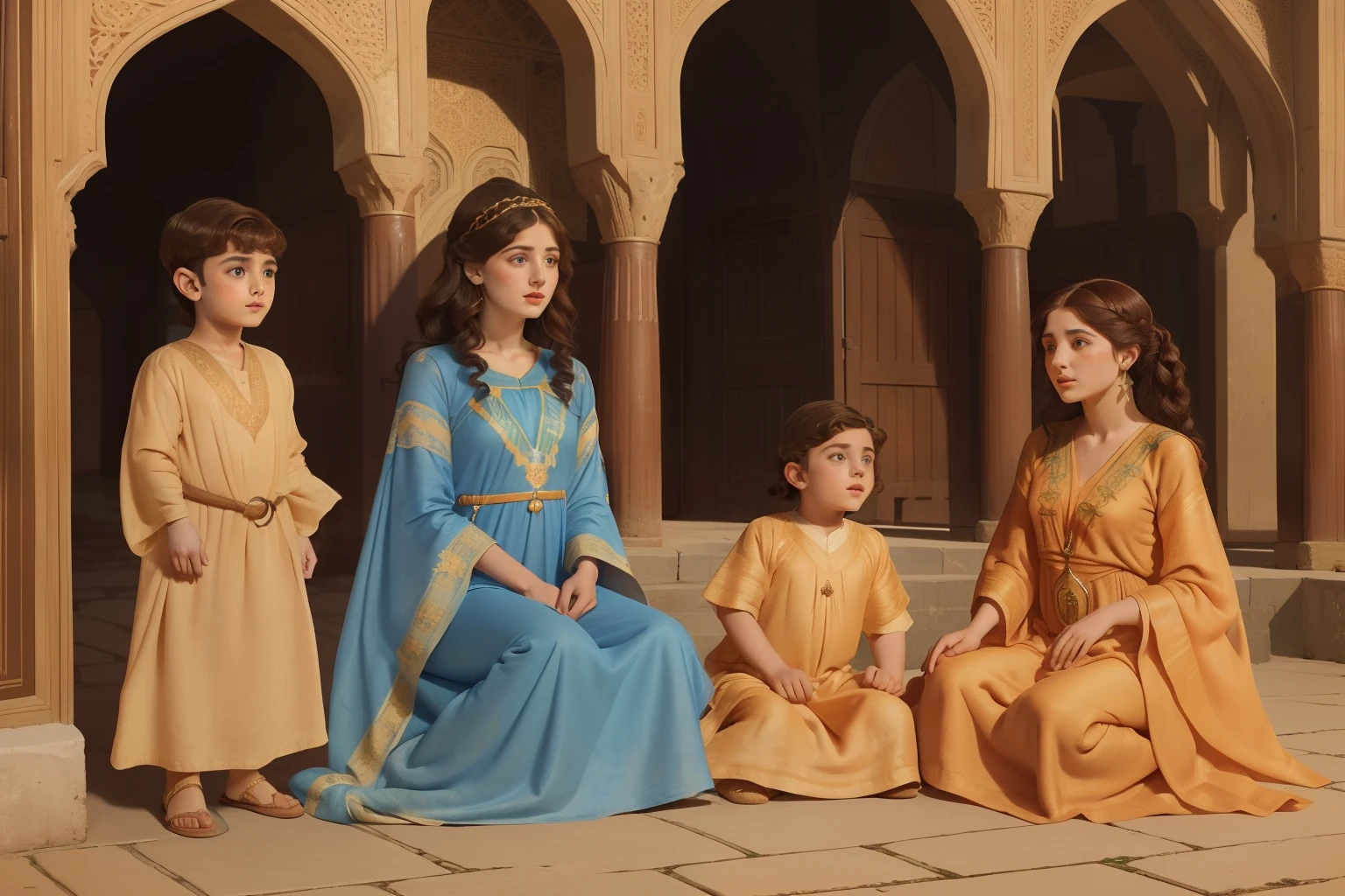 Year: 11th century. Location: Ispahan. Pre-raphaelite scene, 23-year-old, ((two jewish couples)), and two boys, in the market, ((((11th century plain caftan)))) ((11th century jewish hairstyle)), (((cinematic style)))