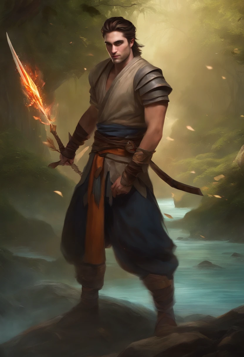 samurai warrior, man, without armor, oriental, holding a katana, in a waterfall where the water falls, rpg traits, d&d style, fantasy, magic, d&d style, digital paint, rpg traits