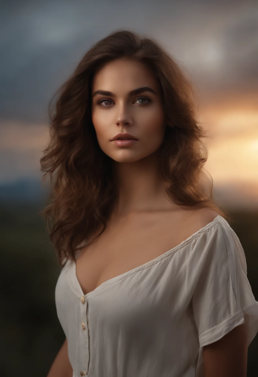 Femme, fille sexy aux yeux bruns, ultra realist, Meticulously detailed, cheveux bruns et grands yeux, Selfie d'une jeune femme, sans maquillage (naturelle), looking straight at camera, Medium to large bust, jeune (environ 18 ans) Next to the storm and the beautiful sunset