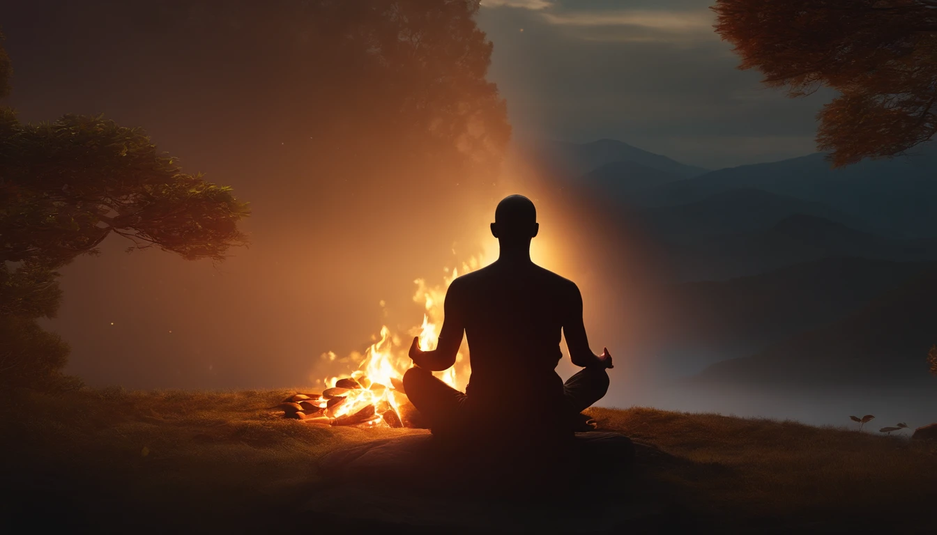 There is a man sitting in a lotus position in front of a campfire, Meditando, meditation, 🚀🚀🚀, monge meditar, meditation pose, meditating pose, hindu stages of meditation, Meditativo, Estoico e calmo, arte de fundo, Chillhop, lotus pose, serene illustration, Pray in meditation, Padmasana, em uma fogueira na floresta