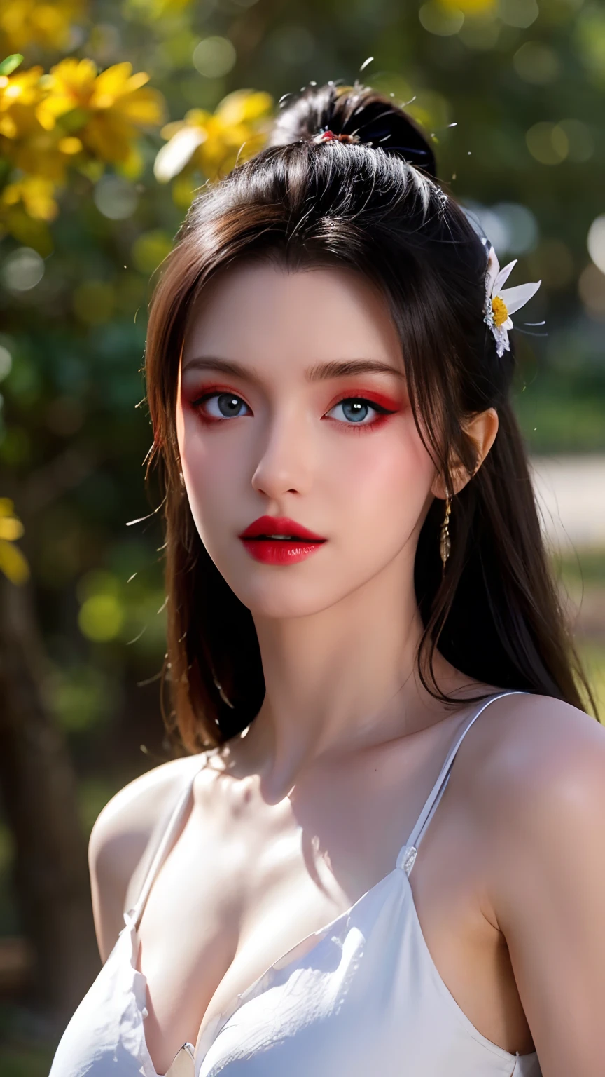 "1 beautiful girl in traditional costume, Thin red and white silk dress,Meticulously sewn, Low-cut shirt, Low gaps, Long black hair and bangs, The most detailed and beautiful hair accessories, Create the most beautiful and flawless face, ((black eye pupil:0.8)), verybeautifuleyes, Big round eyes, ((Reddish-brown eyes:1.6)), Beautiful and delicate makeup eyelashes, High nose, Earrings, Small red lips, Rosy face, Clean face, flawless and beautiful face, Smooth white skin, ((Large breasts: 0.9)), Blooms breasts, ((The chest is large and super round: 0.9)), ((Ultra-tight breasts: 1.2)), ((Breast augmentation: 0.8)), Beautiful breasts, Slim petite body, ((Thin waist: 0, 9)), The upper body of a beautiful girl, Sexy girl, Fishnet socks colors are coordinated according to the garment, 8K photos, Super high quality, Surreal, 10x Super Pixel, Realistic photo, Dark Studio, The background is bright, Two-tone light, (High detail skin: 1.2), 8K UHD, Soft light, High quality, volumettic light, Realistic, high res photograph, Light, best photos, Quality 4K, 8K, Smooth and sharp, 10x pixel increase, Super graphics, The most realistic graphics, (((Outdoor safflower background: 1.8))), 1 girl, Alone, Solo, ((Vertical direct:1.2)), Extremely sharp, ultra-realistic image."
