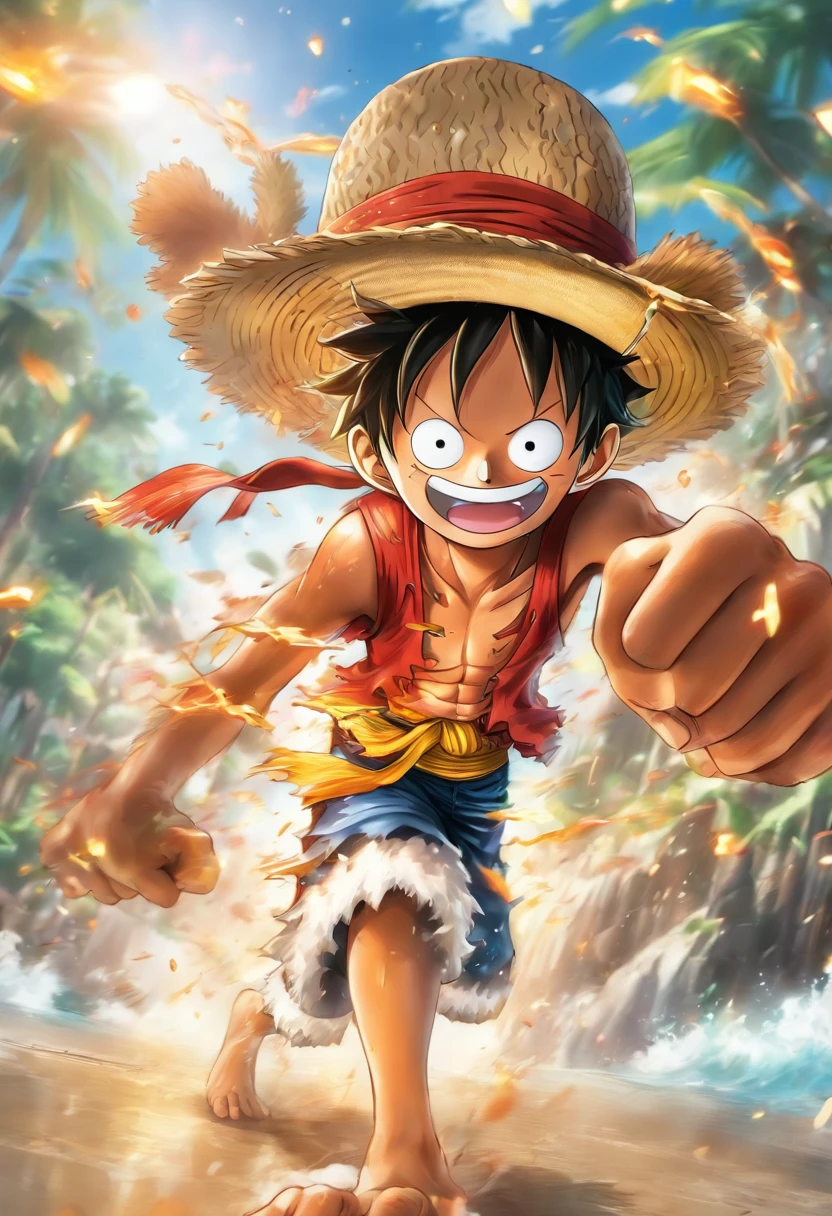 A young boy with a straw hat, Monkey D. Luffy, the main character of the popular anime series "One Piece". He has a big smile on his face, showing his determination and adventurous spirit. His straw hat is worn backwards, with a red band around it. He wears a red vest with a yellow sash, blue shorts, and sandals. Luffy is stretching his arm, showing his unique rubber powers. The scene takes place on a tropical island, surrounded by palm trees and clear blue water. The sky is filled with fluffy white clouds, creating a peaceful and serene atmosphere. The sunlight shines down, casting a warm golden glow on everything. The colors are vibrant and vivid, giving the image a lively and energetic feel. The overall quality of the image is of the highest standard, with ultra-detailed features and sharp focus. The art style is a mix of anime and concept art, combining colorful and bold lines with realistic proportions. The lighting is natural and soft, accentuating the warm tones and creating depth in the scene. This prompt ensures that the generated image will capture the essence of Monkey D. Luffy and the world of "One Piece" in a visually stunning and captivating way.