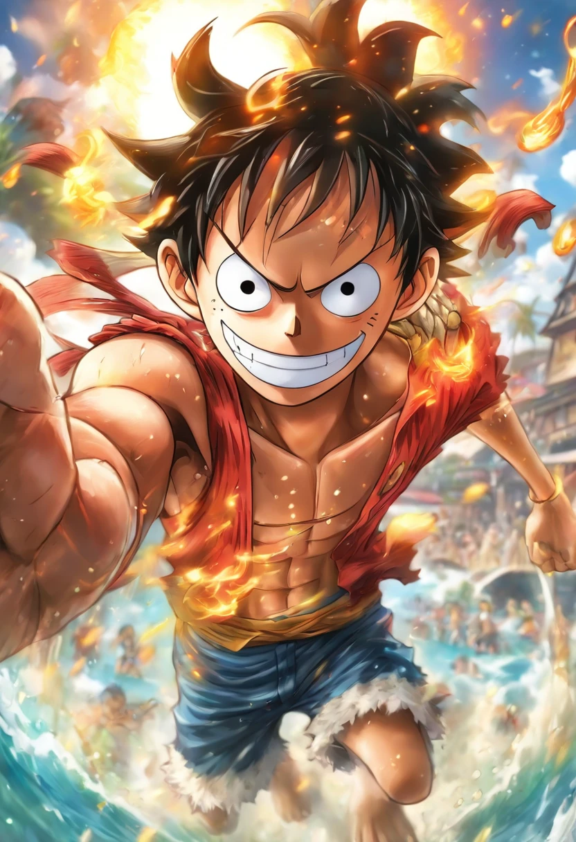 A young boy with a straw hat, Monkey D. Luffy, the main character of the popular anime series "One Piece". He has a big smile on his face, showing his determination and adventurous spirit. His straw hat is worn backwards, with a red band around it. He wears a red vest with a yellow sash, blue shorts, and sandals. Luffy is stretching his arm, showing his unique rubber powers. The scene takes place on a tropical island, surrounded by palm trees and clear blue water. The sky is filled with fluffy white clouds, creating a peaceful and serene atmosphere. The sunlight shines down, casting a warm golden glow on everything. The colors are vibrant and vivid, giving the image a lively and energetic feel. The overall quality of the image is of the highest standard, with ultra-detailed features and sharp focus. The art style is a mix of anime and concept art, combining colorful and bold lines with realistic proportions. The lighting is natural and soft, accentuating the warm tones and creating depth in the scene. This prompt ensures that the generated image will capture the essence of Monkey D. Luffy and the world of "One Piece" in a visually stunning and captivating way.