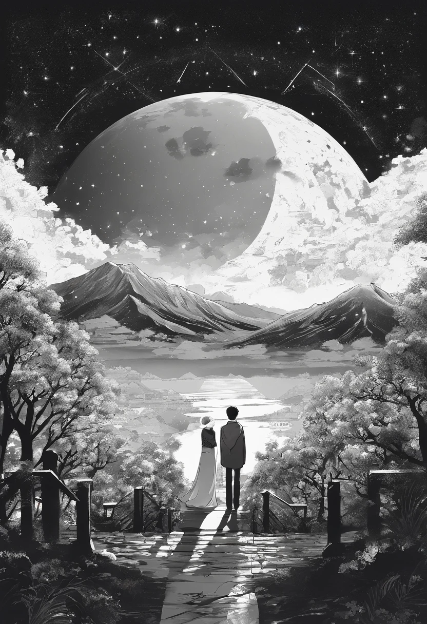 starrysky,The characters are small,The figure is shrouded in shadows,Pitch black night sky,Characters with their backs,looking at the stars,landscape