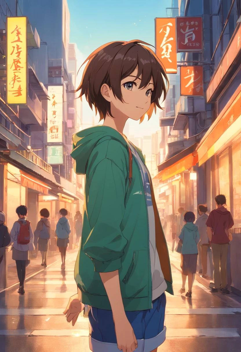 Standing on the streets of a bustling city、Backlight background to highlight subject、High contrast colors、4K high-definition quality、年轻、a smile、daili、Boy transformed into anime style with exaggerated unique facial features and clothes、 student