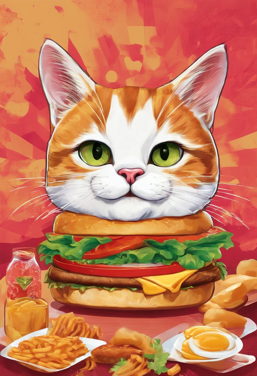 A cat eating a burger, vibrant colors, mouth-watering and delicious, detailed texture on the bun and toppings, high-resolution photography, natural lighting, close-up shot, appetizing presentation, juicy patty, crispy lettuce, melted cheese, fresh tomatoes, sesame seeds on the bun, food styling, appetizing condiments, savory aroma, professional food photography, gourmet, satisfaction, indulgence, fast food, tasty satisfaction.