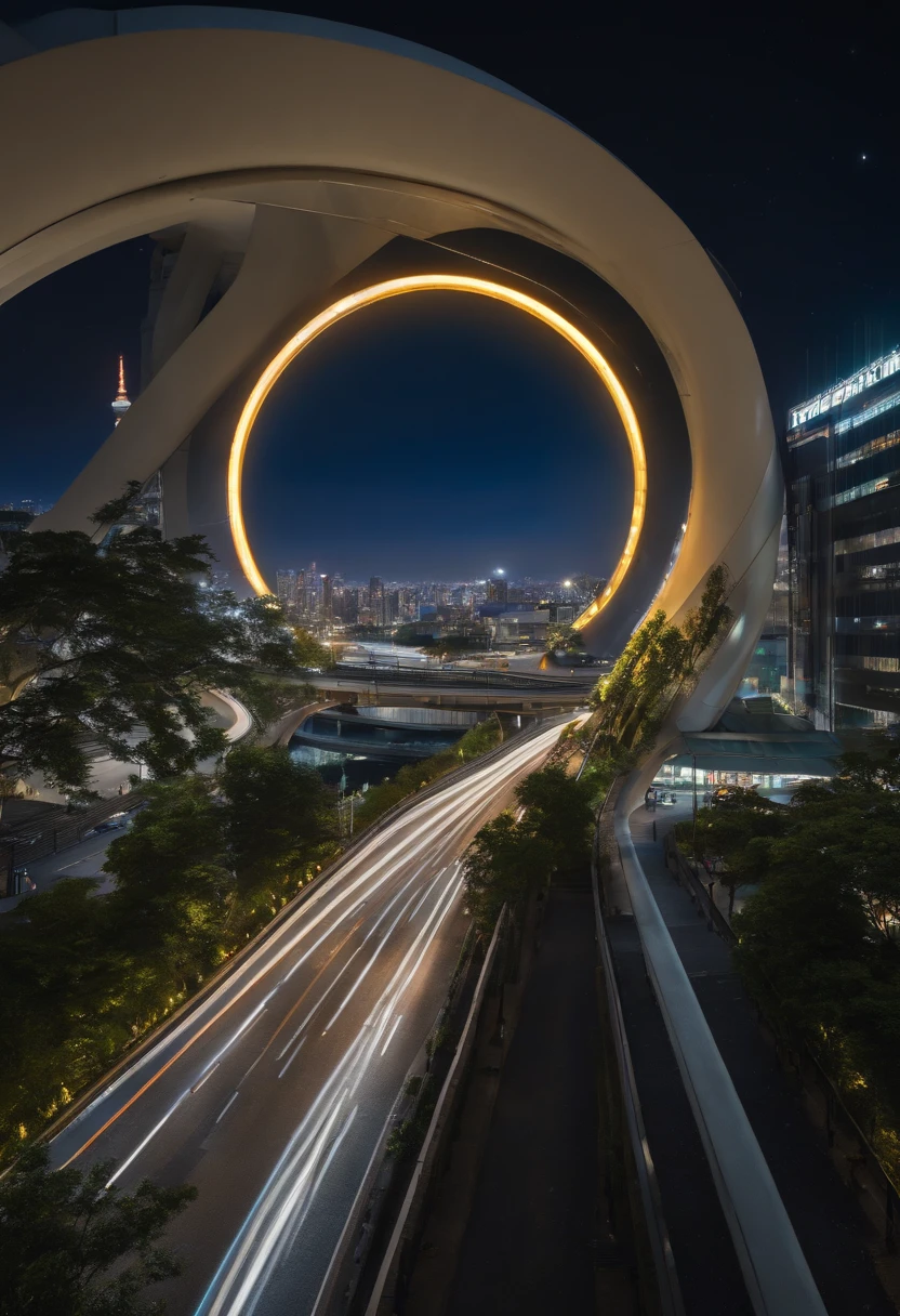 (best quality,4k,8k,highres,masterpiece:1.2),ultra-detailed,(realistic,photorealistic,photo-realistic:1.37), Giant crescent moon、high-level image quality、raw、Standing at Tokyo Skytree、20-year-old woman、nighttime scene、Milky Way Galaxy、Andromeda Nebula、tokyo streets、Flowing Lines of Light、Metropolitan Expressway Junction、fort、Rainbow Bridge、Approaching Planets