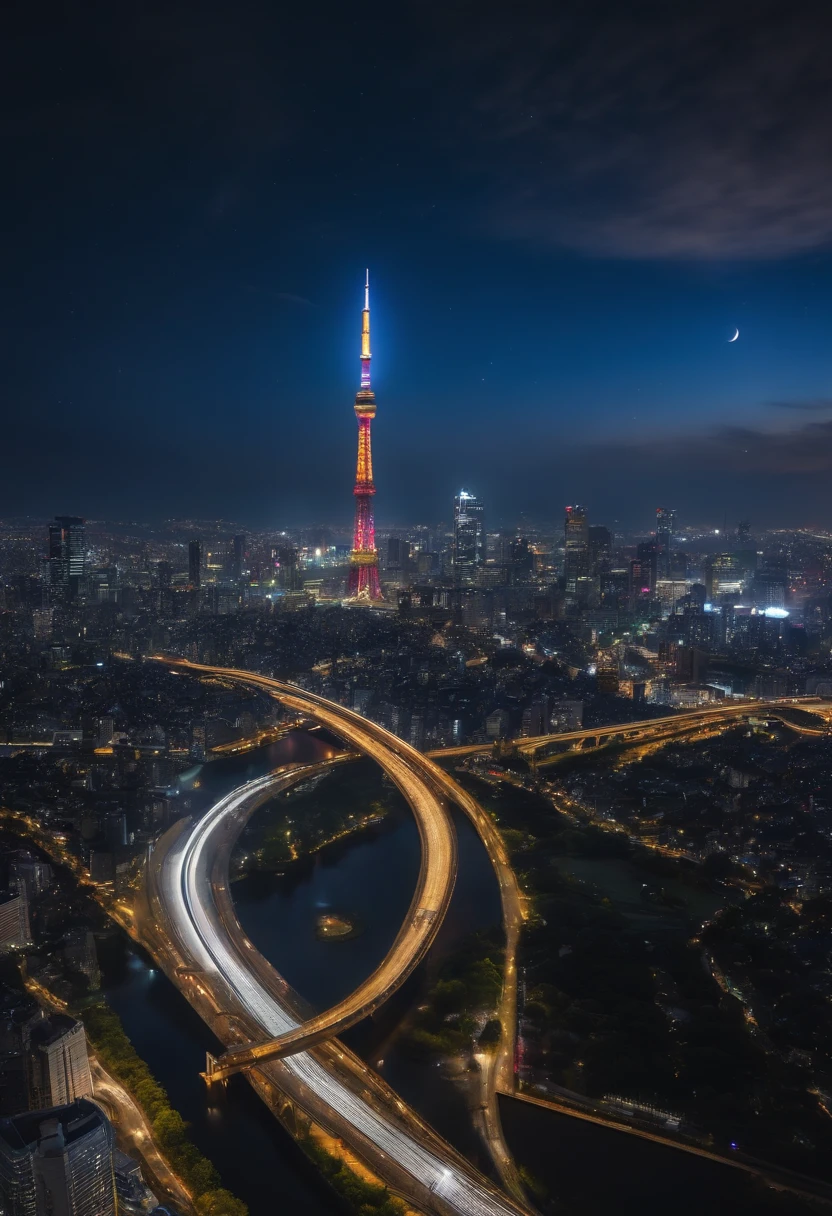 (best quality,4k,8k,highres,masterpiece:1.2),ultra-detailed,(realistic,photorealistic,photo-realistic:1.37), Giant crescent moon、high-level image quality、raw、Standing at Tokyo Skytree、20-year-old woman、nighttime scene、Milky Way Galaxy、Andromeda Nebula、tokyo streets、Flowing Lines of Light、Metropolitan Expressway Junction、fort、Rainbow Bridge、Approaching Planets