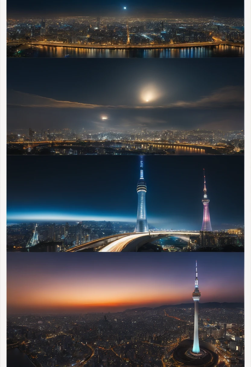 (best quality,4k,8k,highres,masterpiece:1.2),ultra-detailed,(realistic,photorealistic,photo-realistic:1.37), Giant crescent moon、high-level image quality、raw、Standing at Tokyo Skytree、20-year-old woman、nighttime scene、Milky Way Galaxy、Andromeda Nebula、tokyo streets、Flowing Lines of Light、Metropolitan Expressway Junction、fort、Rainbow Bridge、Approaching Planets