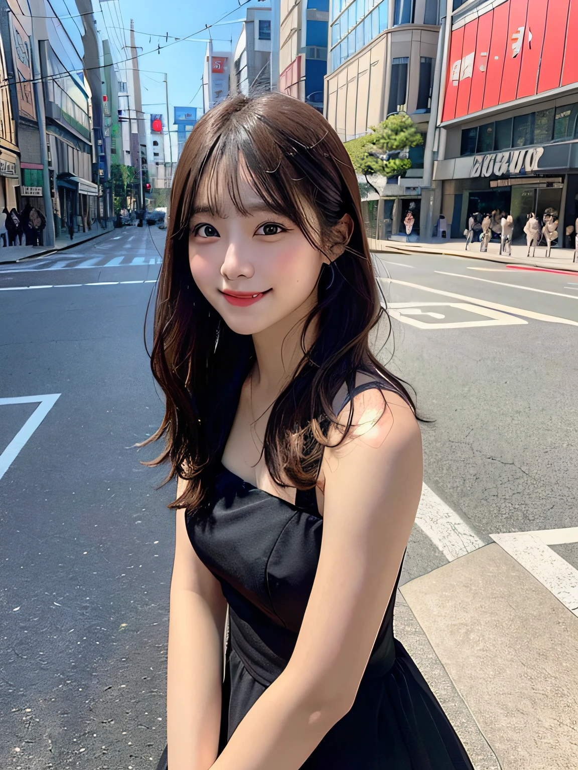 1girl in、in 8K、Raw photography、top-quality、masterpiece、realisitic、Photorealsitic、1girl in、Daytown、Pulling photo、de pele branca、Longhaire、Sheer sunlight、The city of Tokyo、pretty skin、Front photo、A smile、Random Poses、Black Dress、Smile