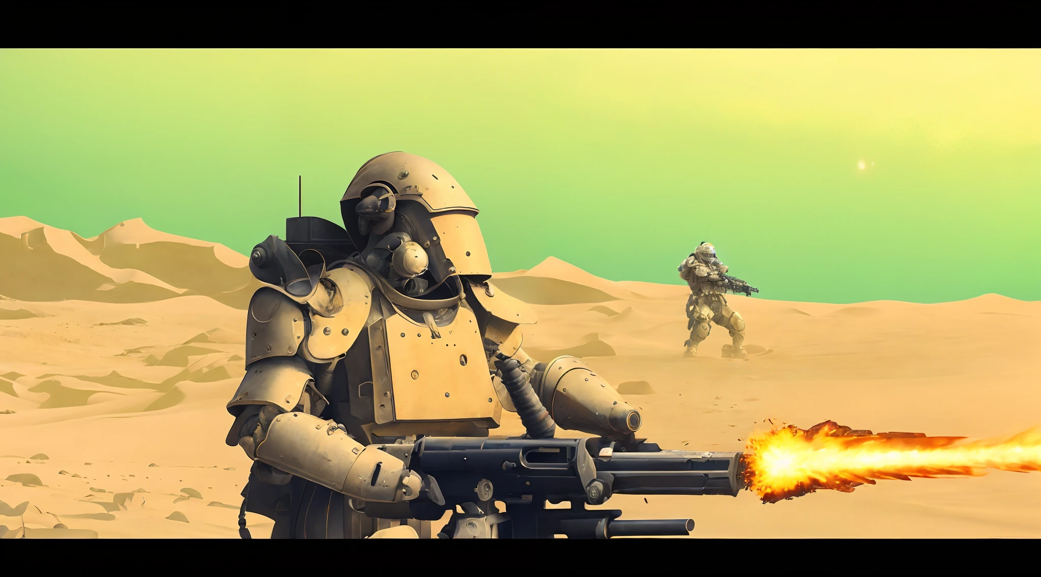 masterpiece, high quality, realistic, man in a power armor with helmet holding a Gatling gun in a desert, detailed body, detailed hands, detailed arms, quality arms, arm holding gun, hand with gun, detailed weapon detailed gun, gatling gun, minigun, machine gun gatling, armored soldiers fight, space soldier on mars with a gun, armored battle space soldier warrior, detailed power armor, a lot of details, detailed armor, super details, battletech style, mech soldier firing bullets, war exocostume, mad max, saudi futuristic warrior , war power armor soldier fighting, test subject supersoldier, metal slug concept art, battlemech