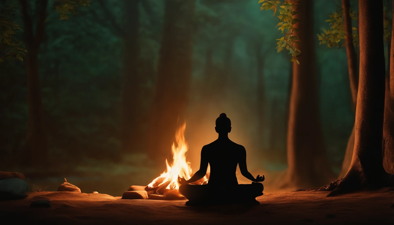 There is a man sitting in a lotus position in front of a campfire, Meditando, meditation, 🚀🚀🚀, monge meditar, meditation pose, meditating pose, hindu stages of meditation, Meditativo, Estoico e calmo, arte de fundo, Chillhop, lotus pose, serene illustration, Pray in meditation, Padmasana, em uma fogueira na floresta