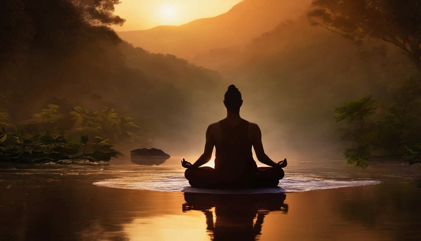 There is a man sitting in a lotus position in front of a campfire, Meditando, meditation, 🚀🚀🚀, monge meditar, meditation pose, meditating pose, hindu stages of meditation, Meditativo, Estoico e calmo, arte de fundo, Chillhop, lotus pose, serene illustration, Pray in meditation, Padmasana, em uma fogueira na floresta