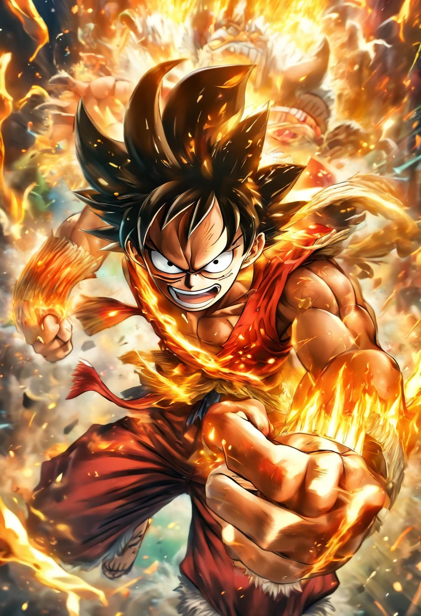 (best quality,4k,8k,highres,masterpiece:1.2),ultra-detailed,(realistic,photorealistic,photo-realistic:1.37),strong, determined, muscular Monkey D. Luffy in Gear 5 transformation, vibrant colors, dynamic lighting, powerful punch, stretching abilities, intense battle scene, epic confrontation, vivid expression, anime style, rubbery limbs, fiery aura, Haki-infused attack, iconic straw hat, muscular physique, flowing red cloak, fierce eyes, intense focus, debris flying in the air, surrounding smoke, impact shockwaves, high-octane energy, adrenaline-filled atmosphere.