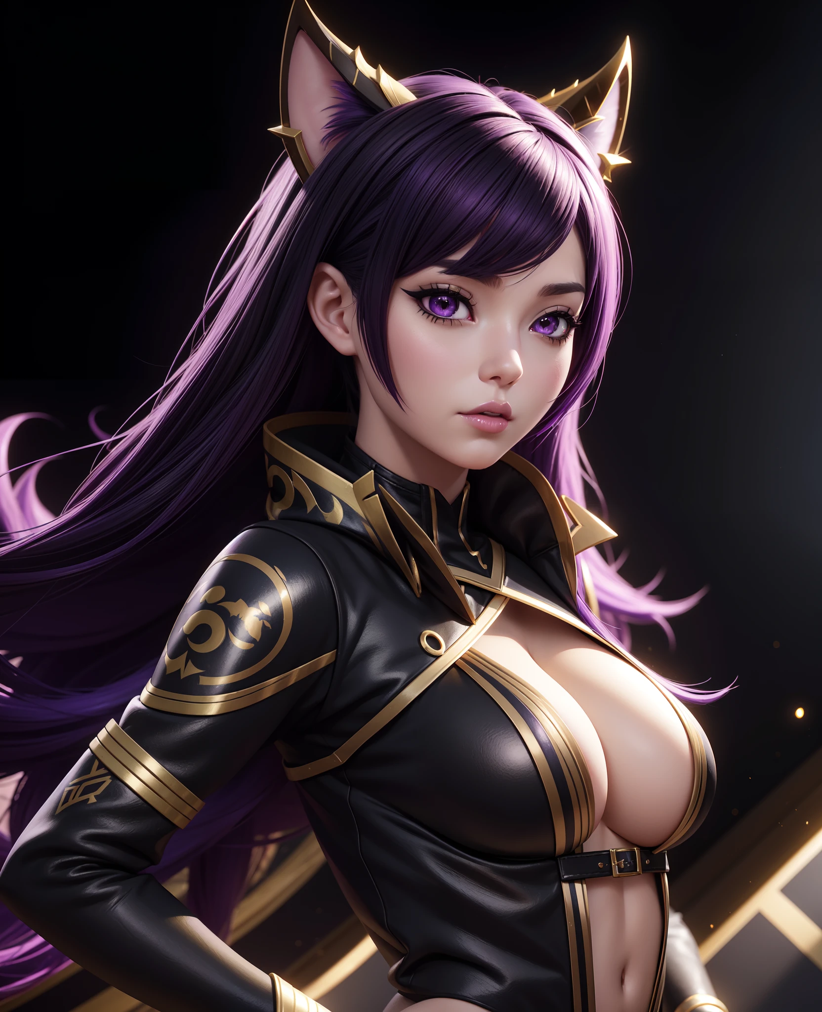 arafed woman in a black and gold costume with purple hair, seraphine ahri kda, wlop and artgerm, artgerm ; 3d unreal engine, fantasy art style, hyperdetailed fantasy character, 8k high quality detailed art, ig model | artgerm, 2. 5 d cgi anime fantasy artwork
