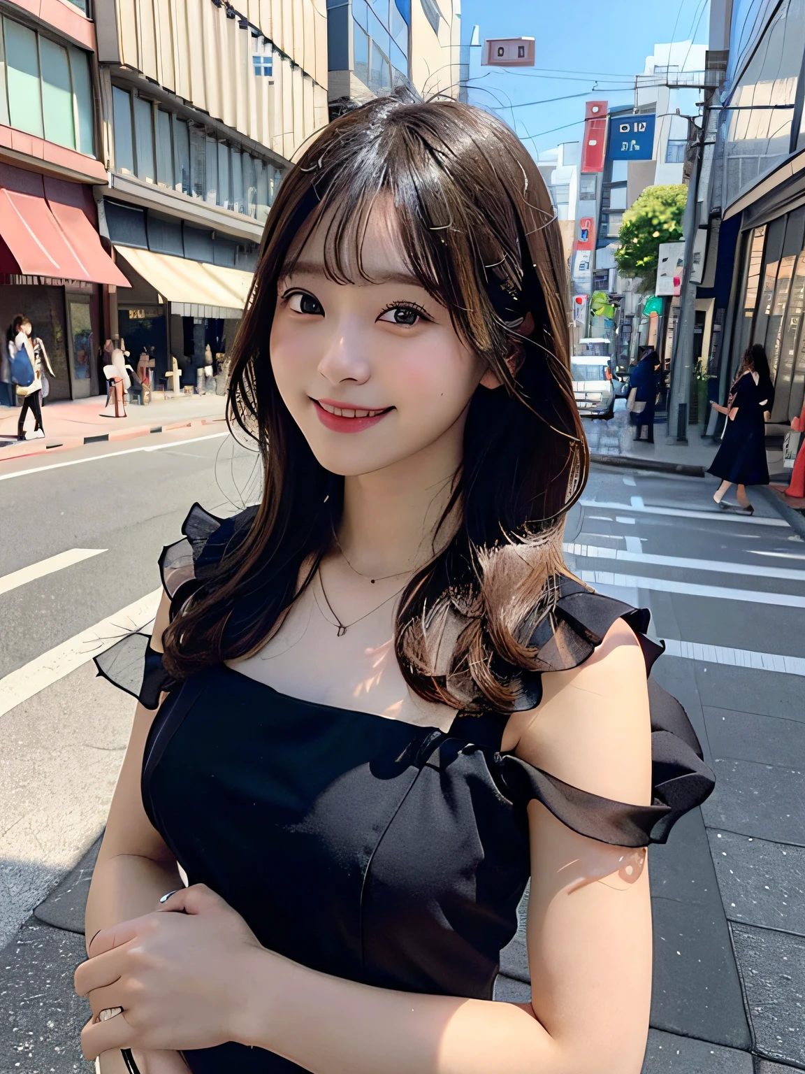 1girl in、in 8K、Raw photography、top-quality、masterpiece、realisitic、Photorealsitic、1girl in、Daytown、Pulling photo、de pele branca、Longhaire、Sheer sunlight、The city of Tokyo、pretty skin、Front photo、A smile、Random Poses、Black Dress、Smile