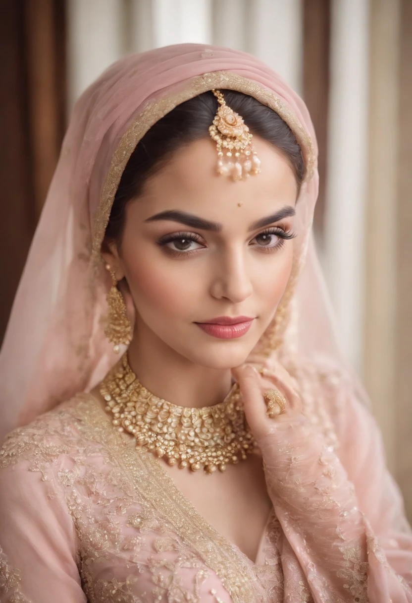 young bride wearing makeup with a silk hijab gold jewelry at a wedding wearing tea pink dress