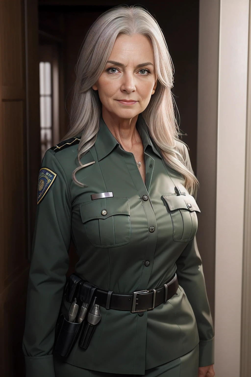 portrait of a 70-year-old woman with long gray hair, seductive gaze, green eyes, some wrinkles on her face, 8k, detailed background, utlra realistic, realism, exta realistic, wrinkles on body, police department background , police officer suit, random sexy pose, police officer clothes with high neckline, showing full body, full body, extra small titts, small breasts, looking at viewer from below, light smile, teeth indoors,soft lighting, extreme detail, hdr, short hair