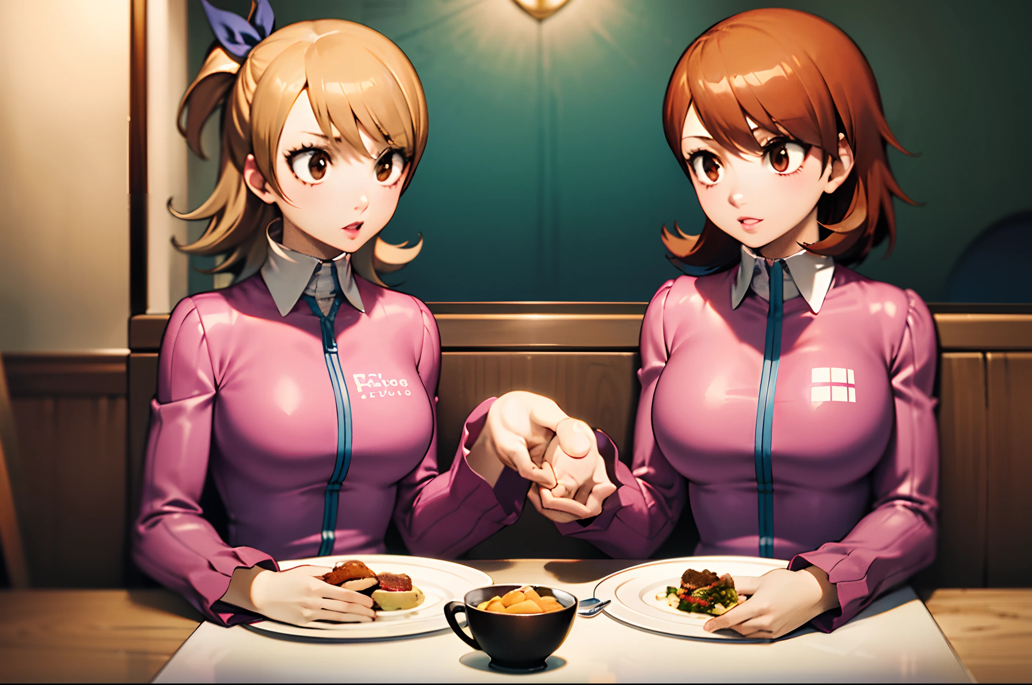 masterpiece, best quality, highres, Lucy Heartfilia and Yukari Takeba, 2 girls, dining together, fancy restaurant