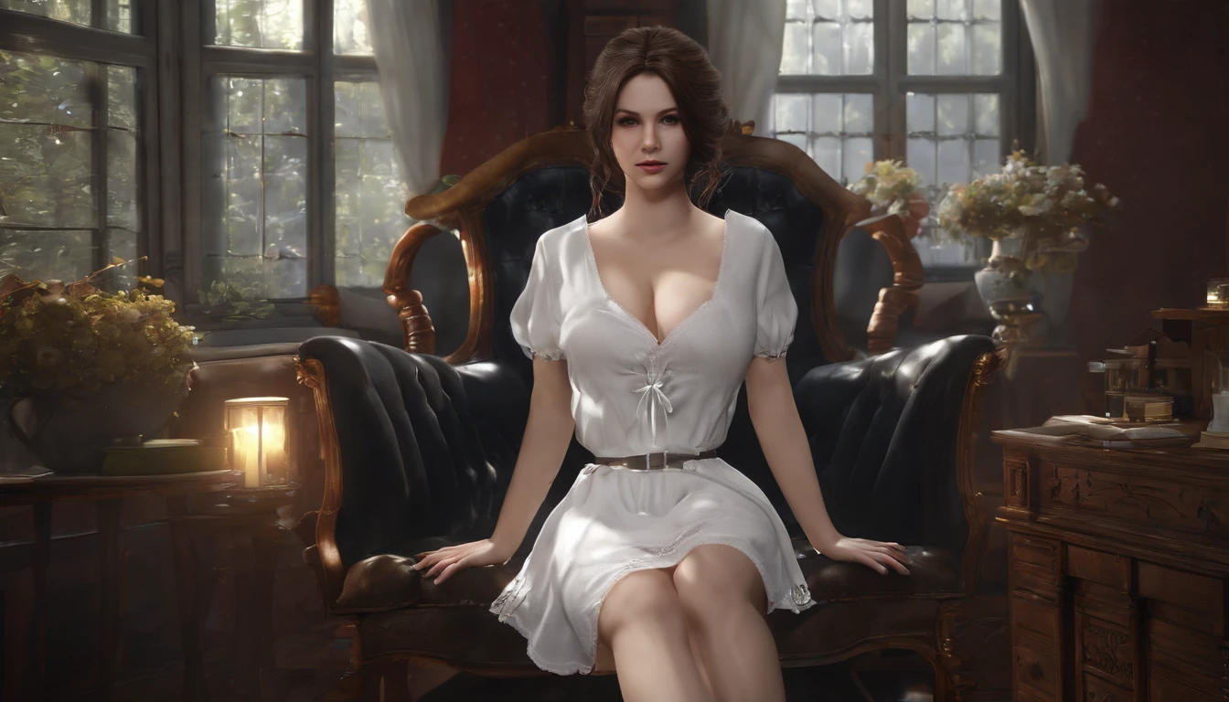 ((Masterpiece, Best quality)), (1girll), (Solo), (female focus), Yoru (Chainsaw man),(Very detailed face, Real image, Realistic white skin, Realistic body, Intricate details), Machine whole body, focus onface, Brunette tying, Long hair, scary look, White Pinafort dress, shirt, Neck ribbon, Large breasts