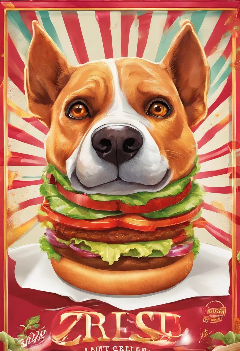 A dog eating a burger, vibrant colors, mouth-watering and delicious, detailed texture on the bun and toppings, high-resolution photography, natural lighting, close-up shot, appetizing presentation, juicy patty, crispy lettuce, melted cheese, fresh tomatoes, sesame seeds on the bun, food styling, appetizing condiments, savory aroma, professional food photography, gourmet, satisfaction, indulgence, fast food, tasty satisfaction.