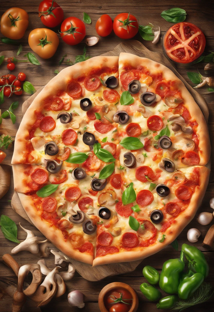 A delicious, mouthwatering pizza with all the toppings, perfectly baked. (best quality,ultra-detailed,highres), cheesy crust,(pepperoni,tomato sauce,melted cheese,mushrooms,onions,green peppers,olives,extra toppings),(hot and fresh out of the oven,crispy and golden),classic Italian dish,(wood-fired oven,brick oven),(tasty and fragrant,aromatic and flavorful),served on a wooden cutting board,(vivid colors,juicy and vibrant),(appetizing and tempting,irresistible and satisfying),slice of heaven.
