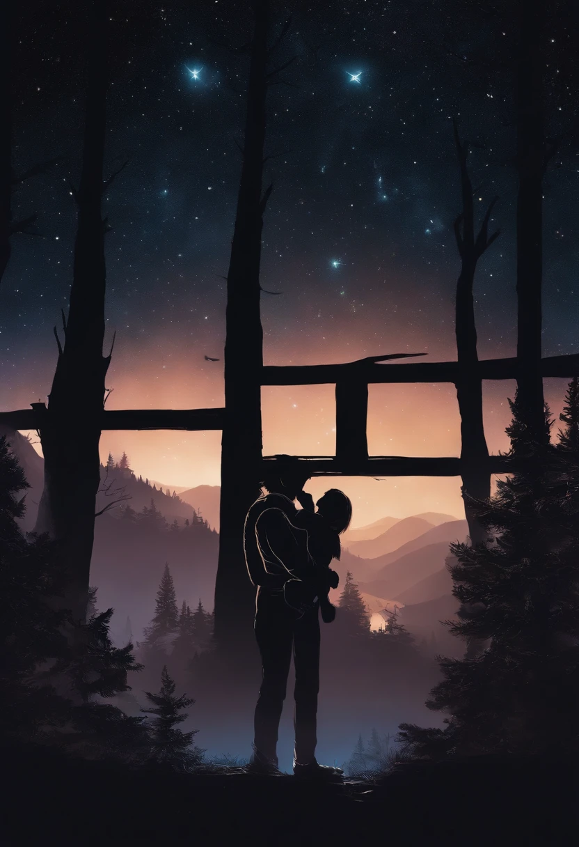 starrysky,The characters are small,The figure is shrouded in shadows,Pitch black night sky,Characters with their backs,looking at the stars,landscape,The stars are arranged in sickles and hammers