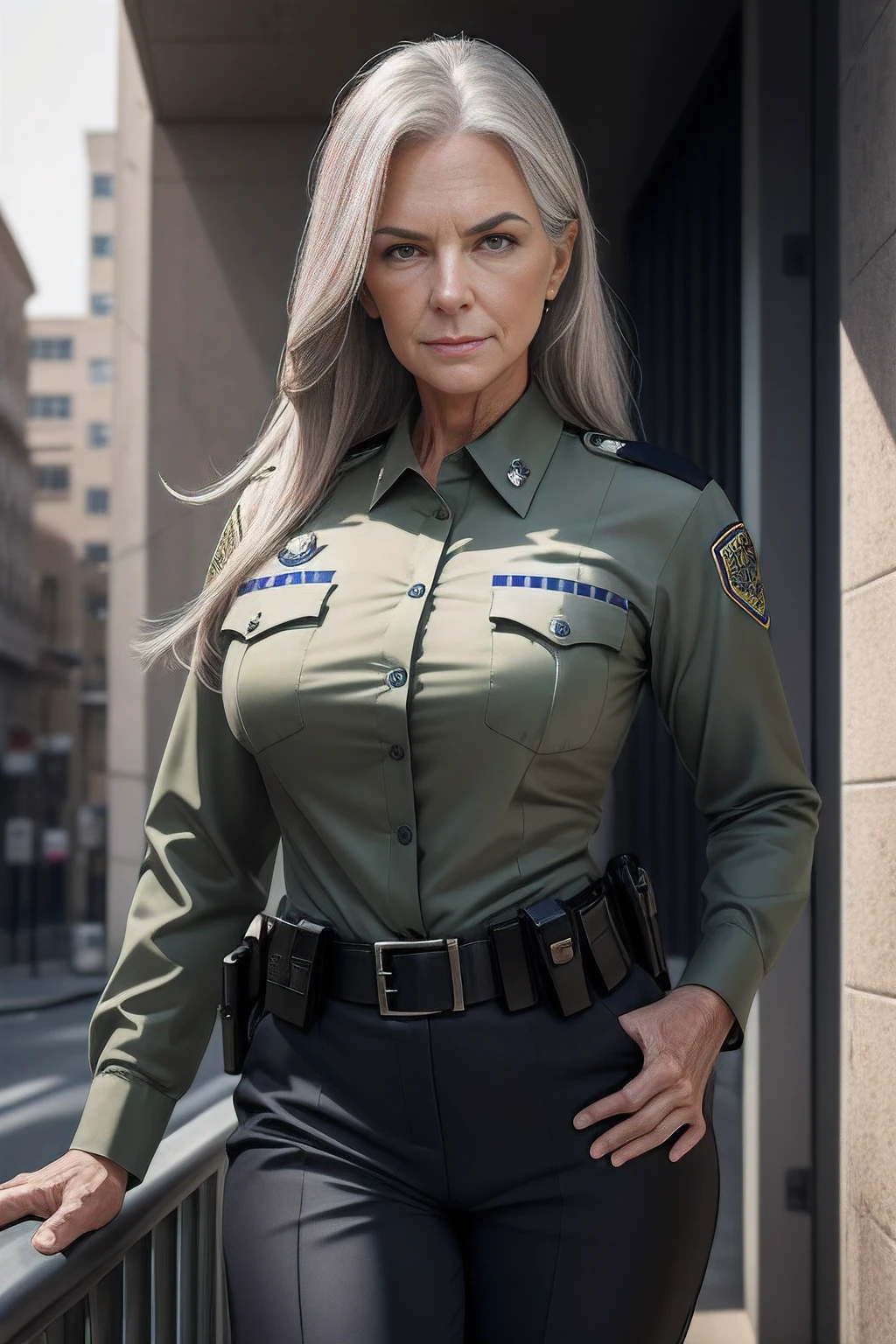 portrait of a 70-year-old woman with long gray hair, seductive gaze, green eyes, some wrinkles on her face, 8k, detailed background, utlra realistic, realism, exta realistic, wrinkles on body, police department background , police office background, police department corridor background, police officer suit, random sexy pose, police officer clothes with high neckline, showing full body, full body, extra small titts, small breasts, looking at viewer from below, light smile, teeth indoors,soft lighting, extreme detail, hdr, short hair