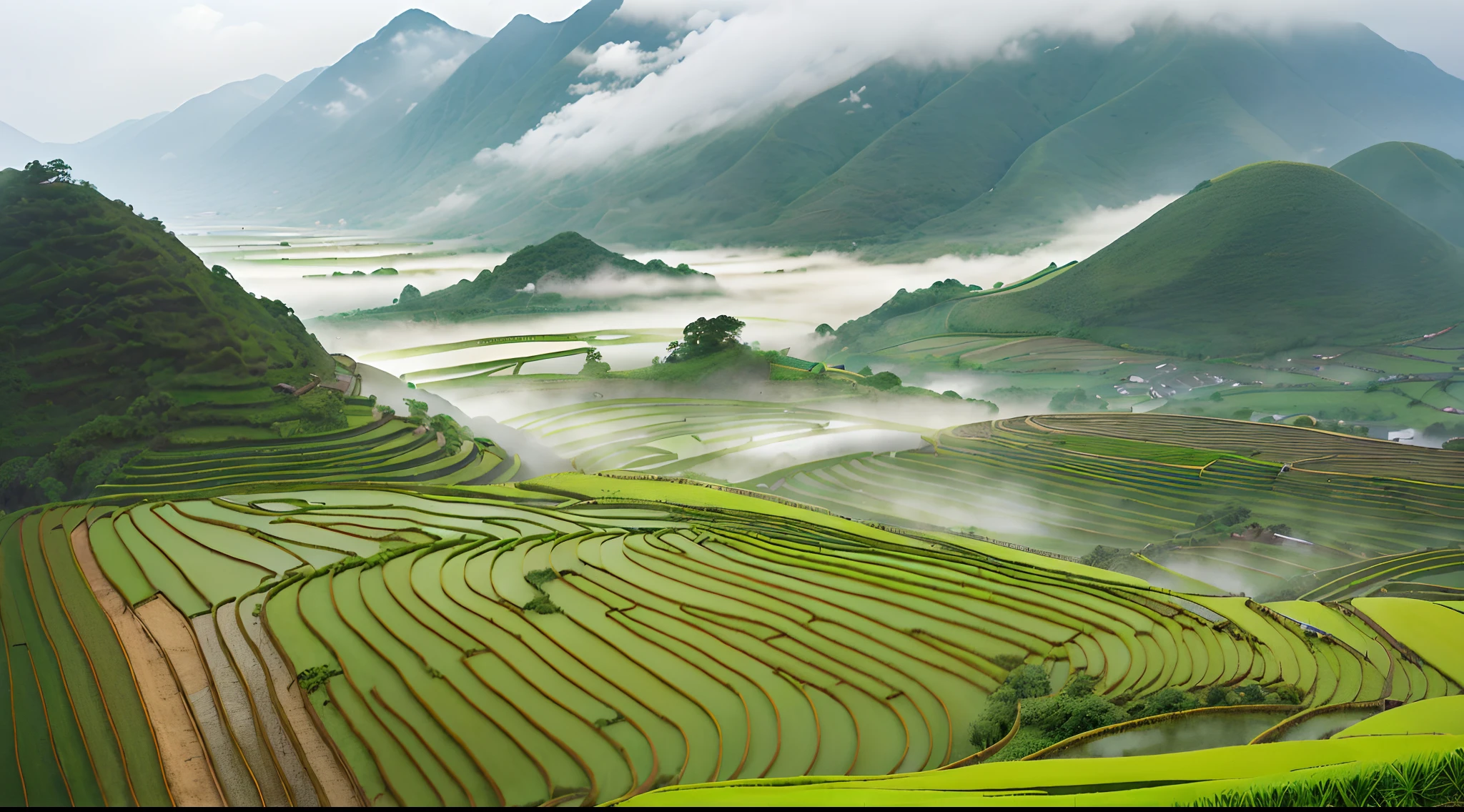 Large expanses of terraced fields, mountains, huts, with rice fields, rice fields, neat rice seedlings in the fields, misty rain, villages, agriculture, in the tranquil landscape, misty weather, in the vast tranquil landscape, in the early morning, in the morning mist, behind a small village, mist, Japanese countryside, thatched roofs --v 6